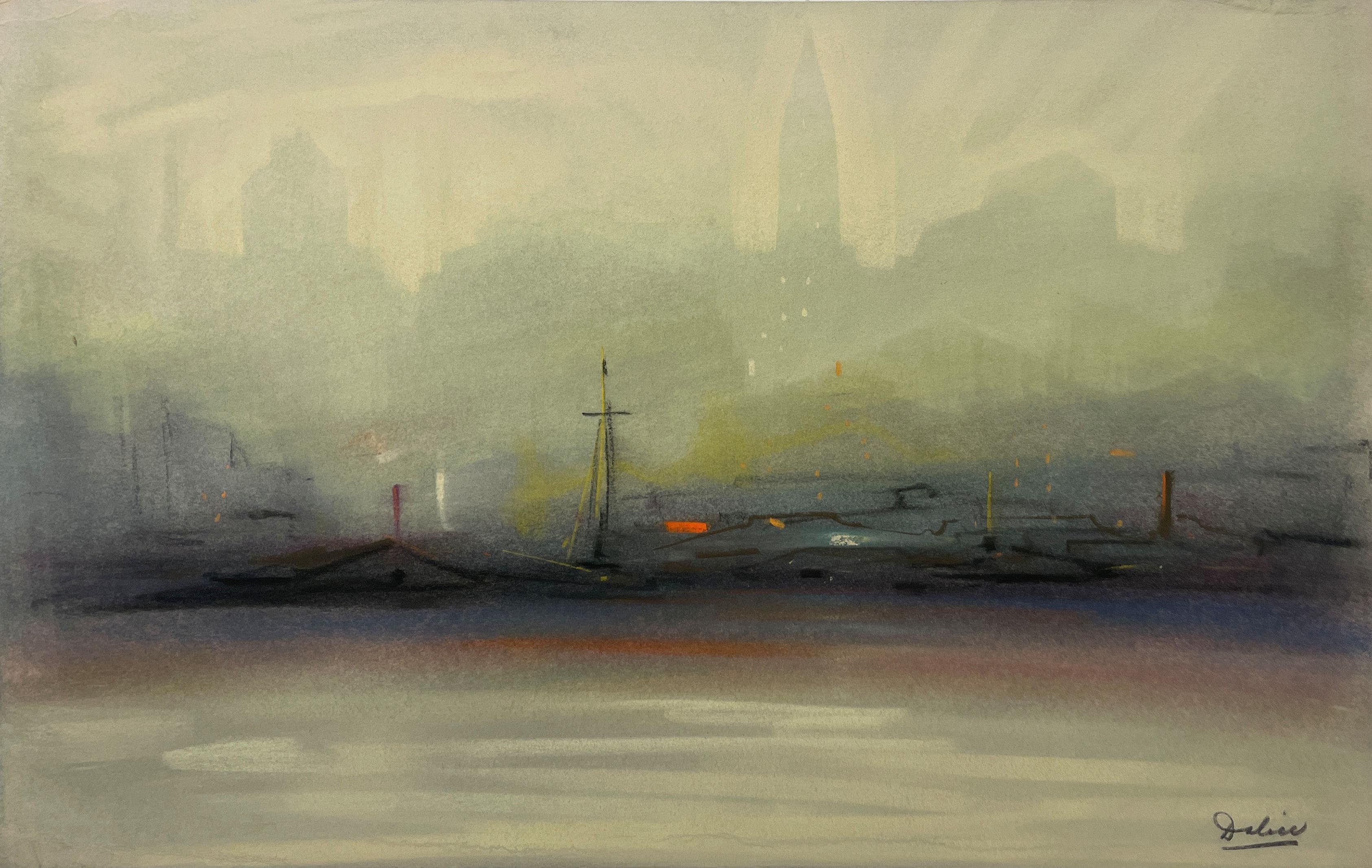 « New York Harbor Nocturne » Leon Dolice, scène de port de New York mi-siècle