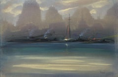 "Nocturno del puerto de Nueva York" Leon Dolice, Escena de Nueva York, Paisaje de mediados de siglo