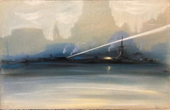 „New York Harbor Nocturne“ Leon Dolice, Mid-Century New York Nocturnal Landscape, Nocturnal