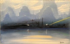„New York Harbor Nocturne“ Leon Dolice, Mid-Century New York Nocturnal Landscape, Nocturnal