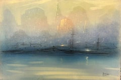„New York Harbor Nocturne“ Leon Dolice, Mid-Century New York Nocturnal Landscape, Nocturnal