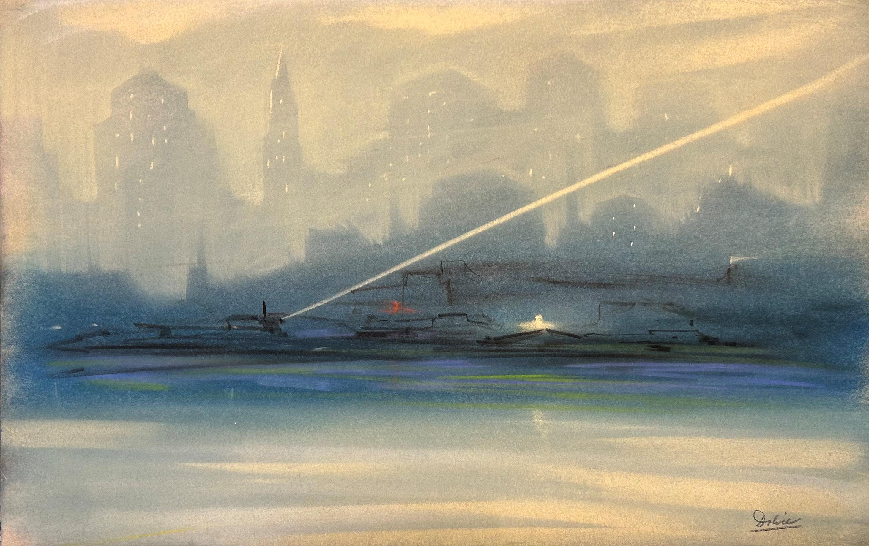„New York Harbor Nocturne“ Leon Dolice, Mid-Century New York Nocturnal Landscape, Nocturnal
