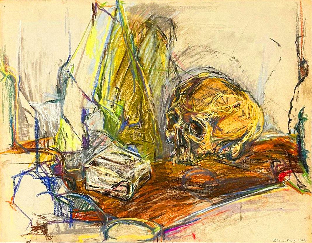 "Naturaleza muerta" Diana Kurz, Naturaleza muerta expresionista con calavera Pastel sobre papel