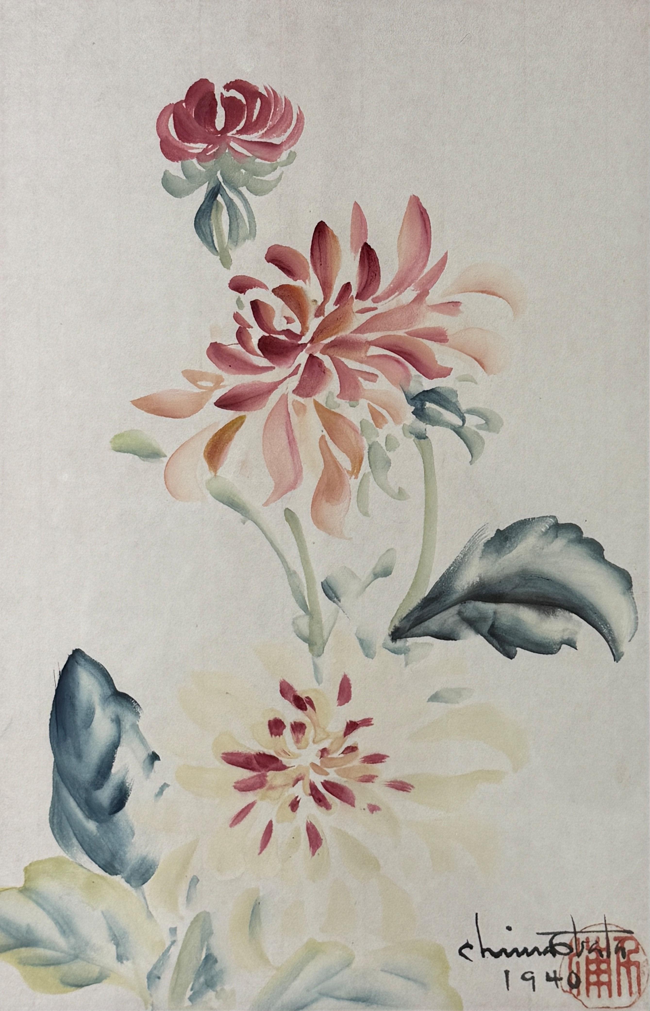 "Dalias" Chiura Obata, Japonesa Americana, Delicado Trabajo Floral Rojo y Azul