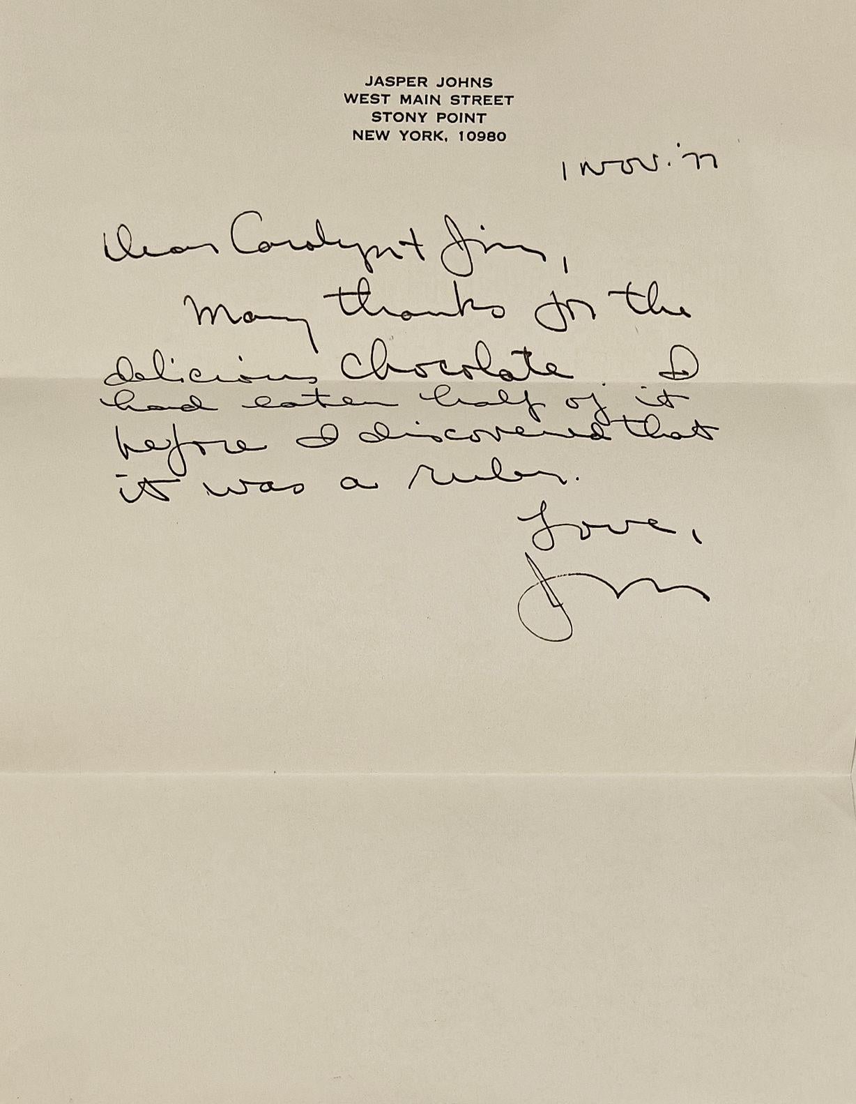 "Thank You Letter" Jasper Johns, Letter to Carolyn Brown, Artists Correspondence