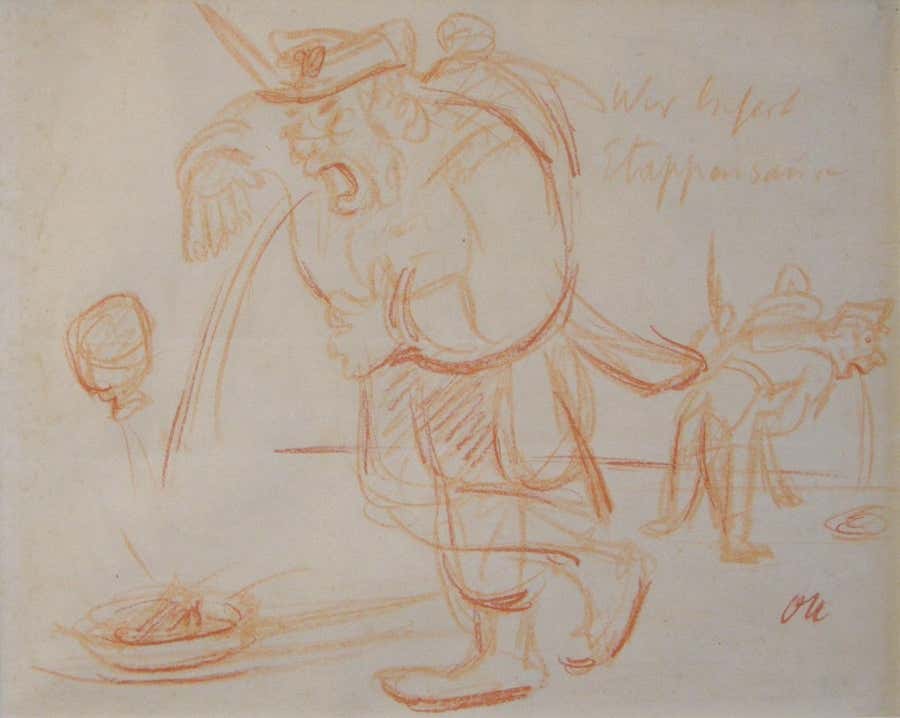 "Wer Liefert" Oskar Kokoschka, Satirical Expressionist Caricature, Red on White