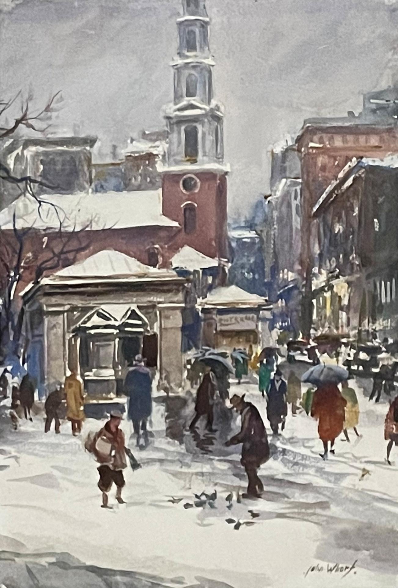 "Park Street Church, Boston," John Whorf Impressionist Watercolor WPA Cityscape