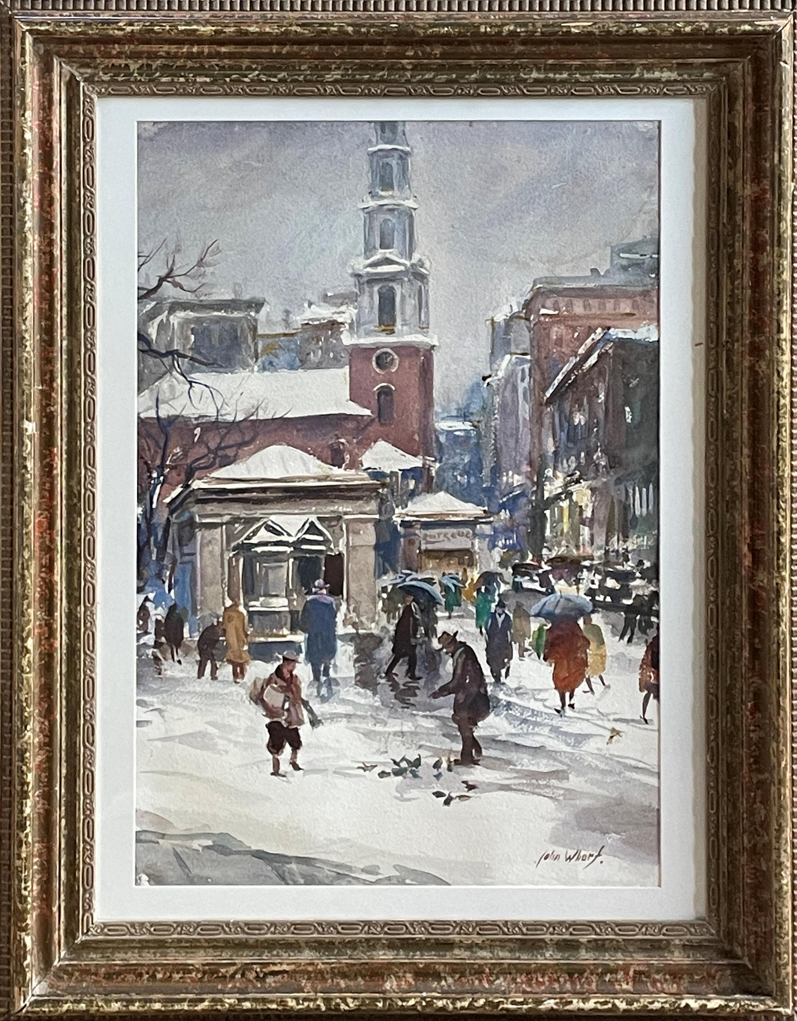 « Park Street Church, Boston », John Whorf, aquarelle impressionniste paysage urbain WPA en vente 1