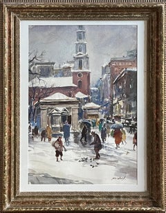« Park Street Church, Boston », John Whorf, aquarelle impressionniste paysage urbain WPA