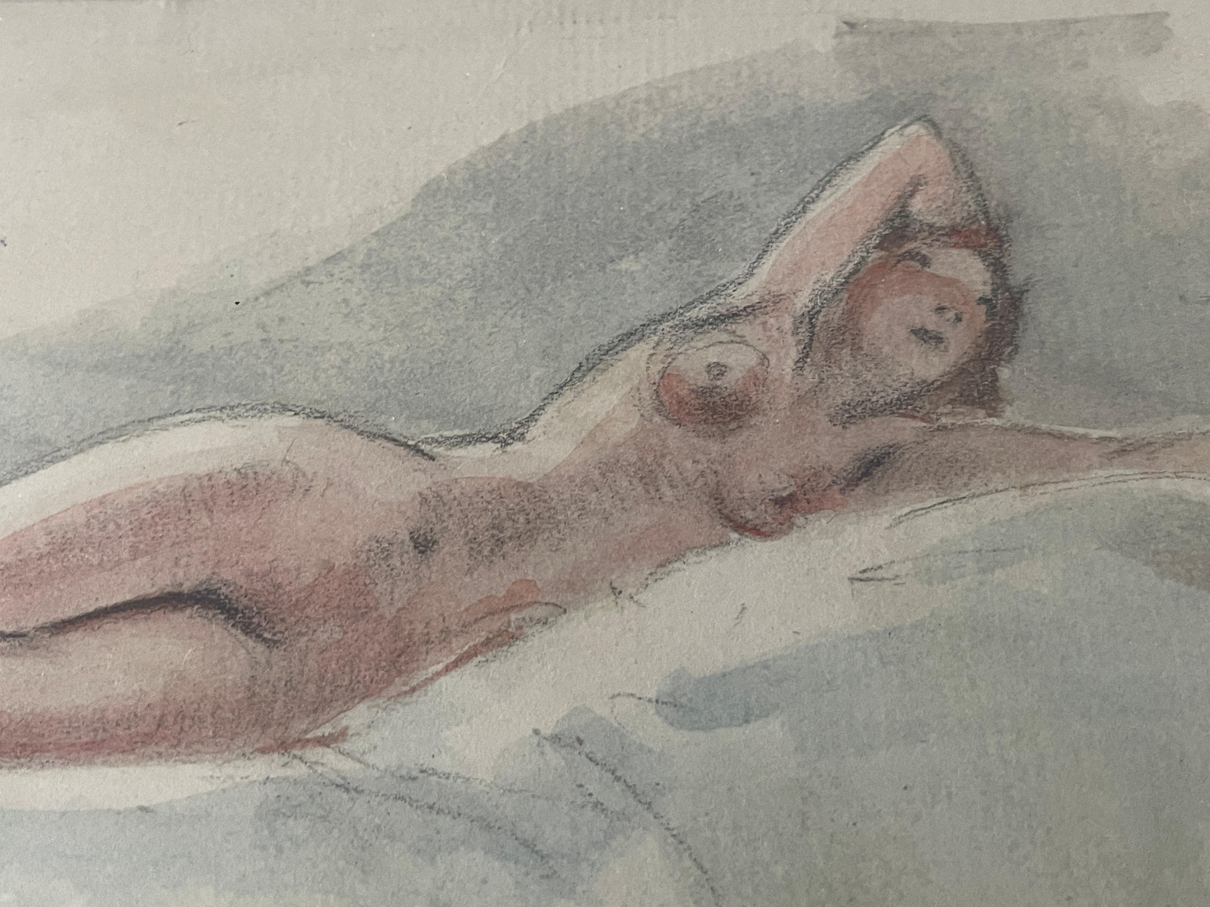 „Reclining Nude“ Everett Shinn, Figurative Frau, Aquarell, Ashcan School im Angebot 3
