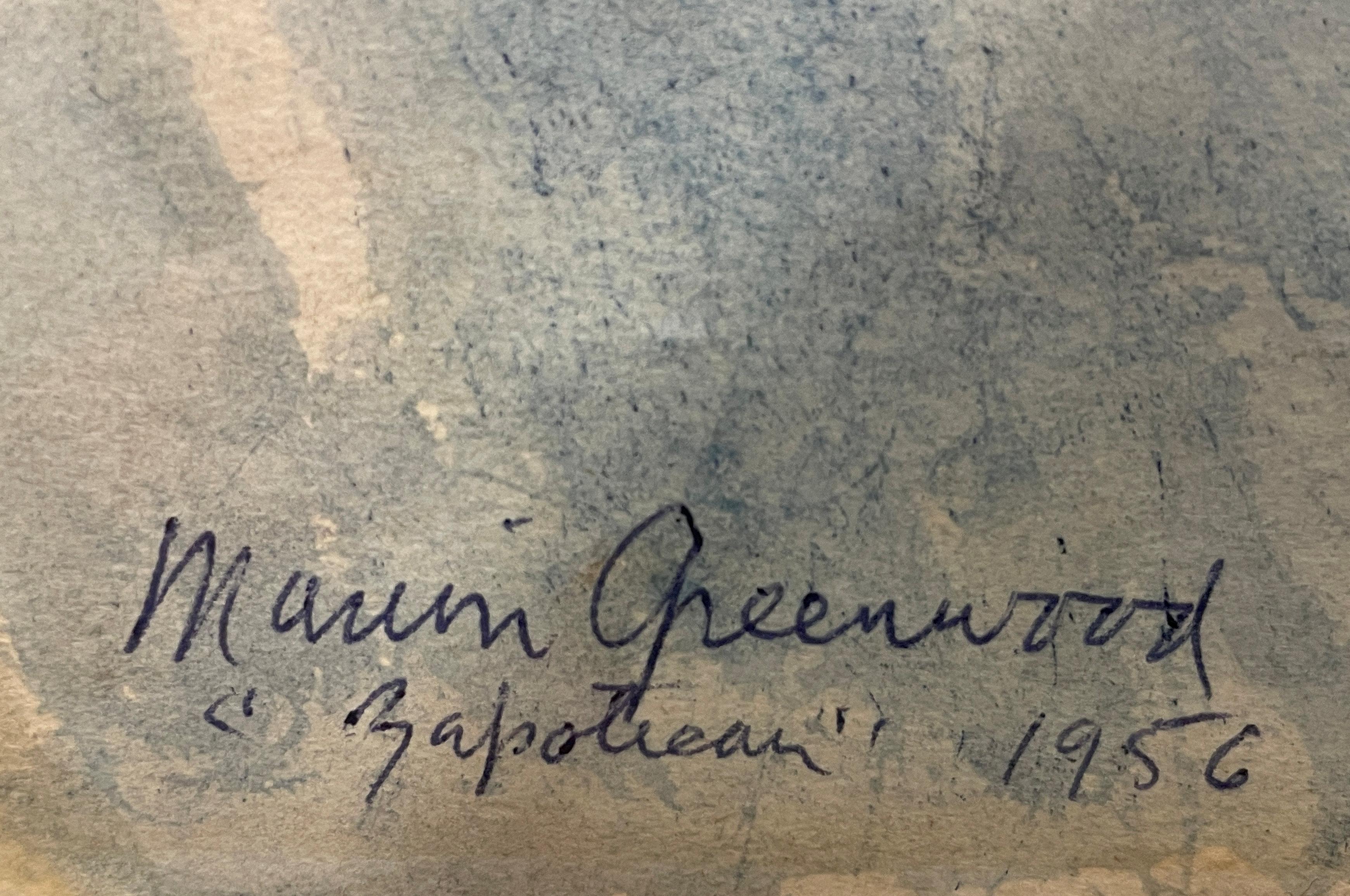 Marion Grünholz
Zapoteken, 1956
Unterzeichnet und datiert
Aquarell auf Papier
12 1/4 x 9 5/8 Zoll

Provenienz:
Milch Galerien, New York

Marion Greenwood, eine Malerin und Grafikerin, wurde in Brooklyn, New York, geboren. Sie studierte an der Art