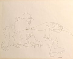 "Crazy Birds" Benny Andrews, 1964 Birds Stylized Surrealist Animal Sketch