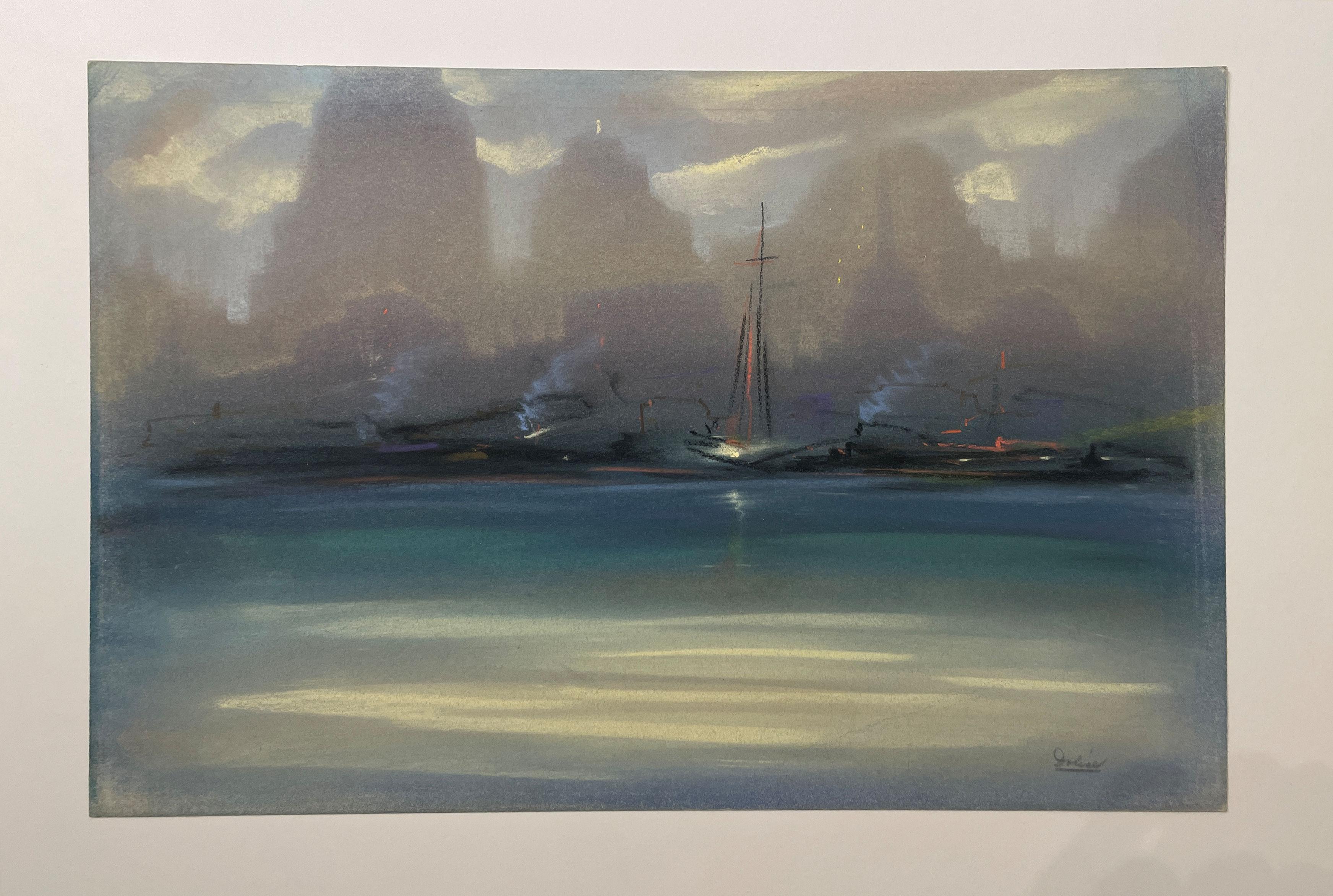 „New York Harbor Nocturne“ Leon Dolice, New Yorker Hafen, Szene, Landschaft aus der Mitte des Jahrhunderts im Angebot 1