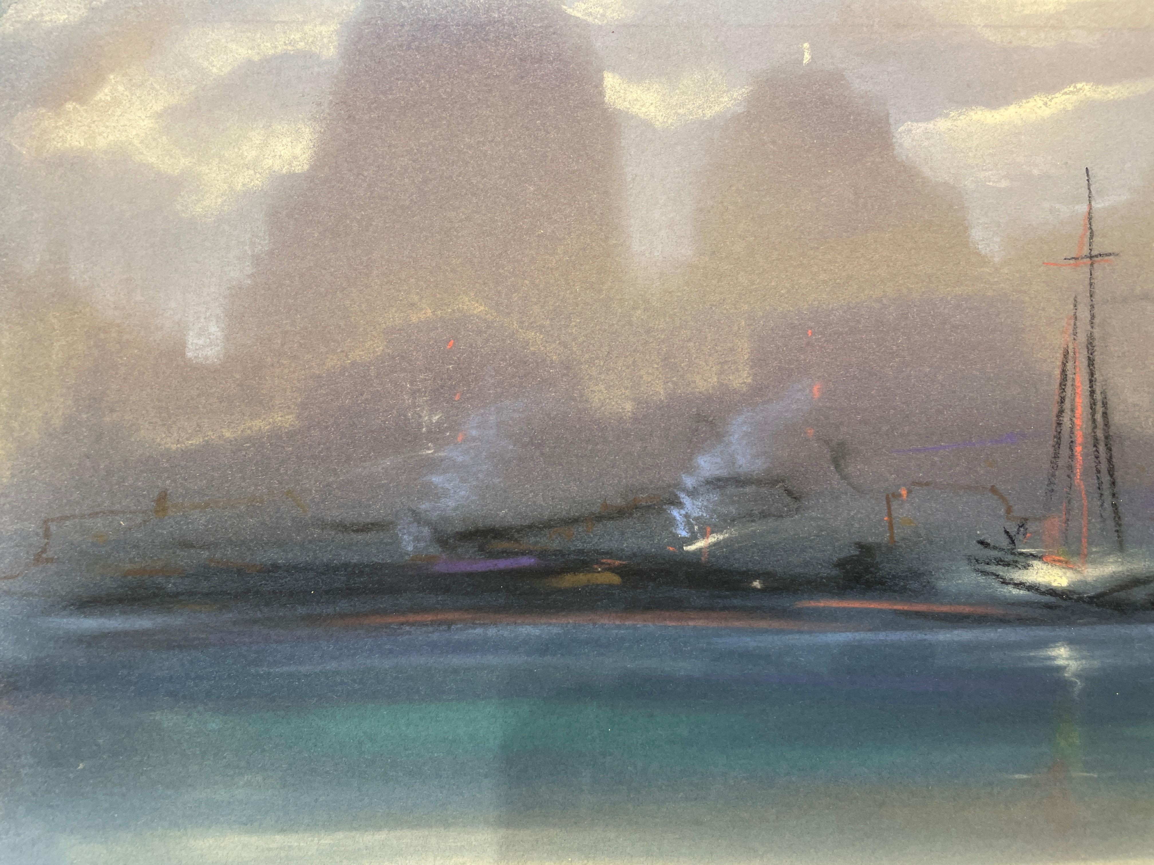 „New York Harbor Nocturne“ Leon Dolice, New Yorker Hafen, Szene, Landschaft aus der Mitte des Jahrhunderts im Angebot 2
