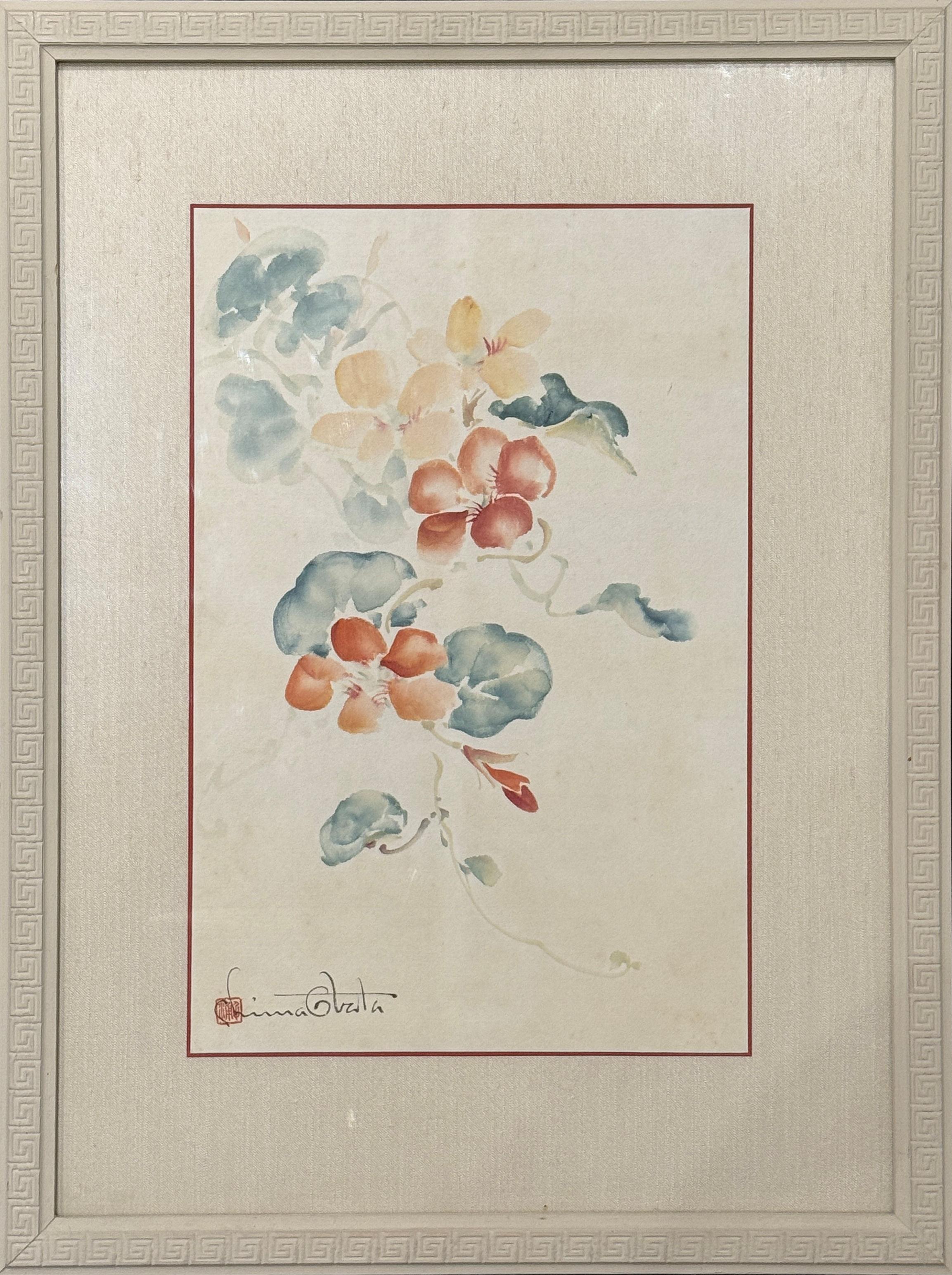 « Nasturtiums » Chiura Obata, fleurs délicates japonaises, rouges et bleues en vente 1