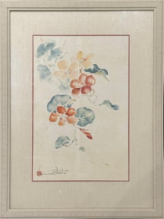 "Nasturtiums" Chiura Obata, Japanese American, Red and Blue Delicate Flowers