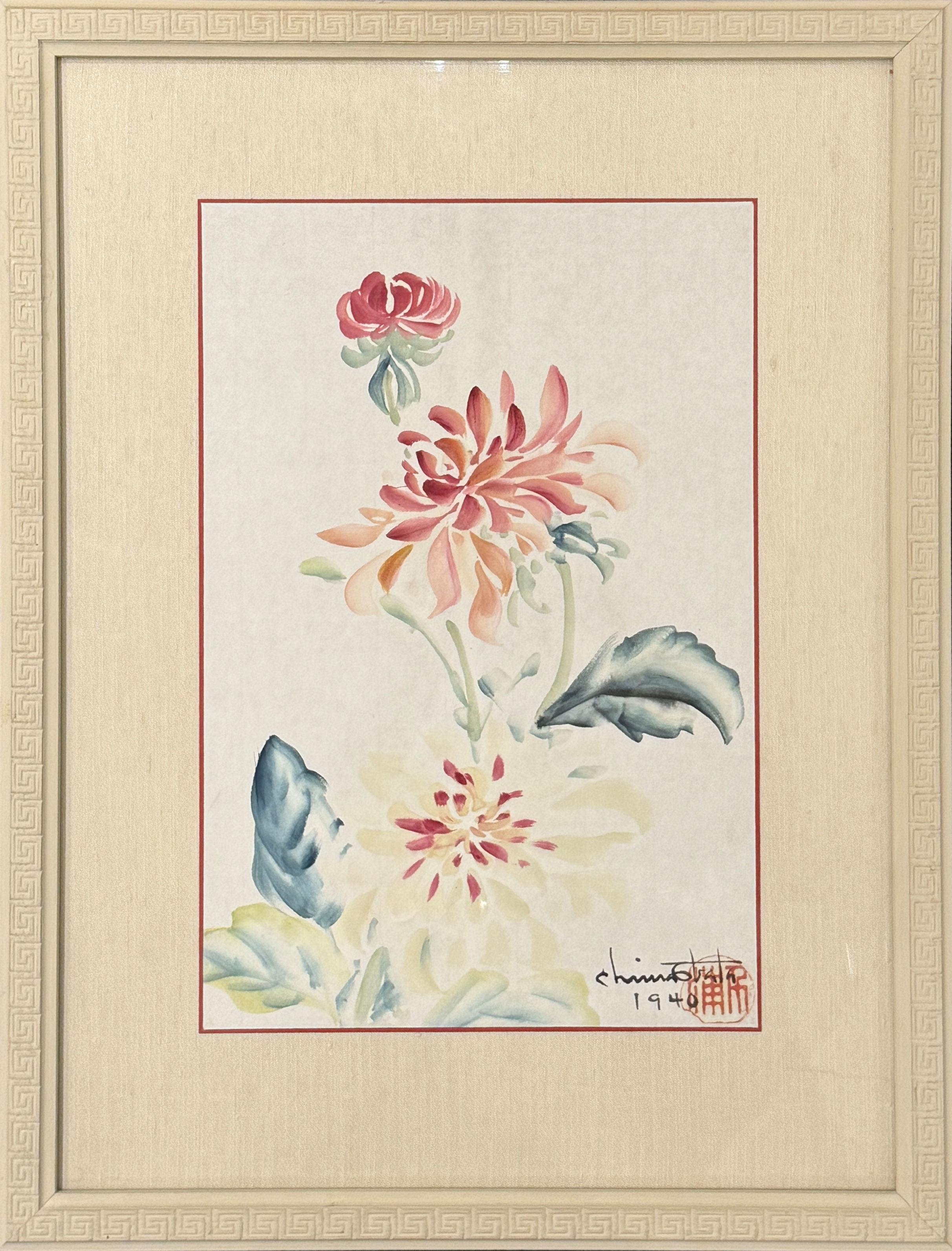 Œuvres florales délicates japonaises, rouges et bleues Chiura Obata en vente 1