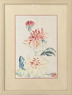 "Dahlias" Chiura Obata, Japanese American, Red and Blue Delicate Floral Work