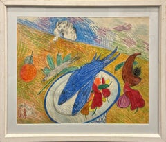 "Fish and Cat" Jimmy Tsutomu Mirikitani, Vibrant, Colorful, Japanese-American