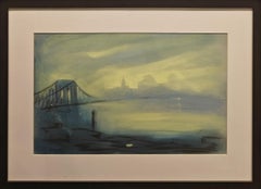 "New York Harbor (Brooklyn Bridge)" Leon Dolice, Mid-Century New York Nocturne