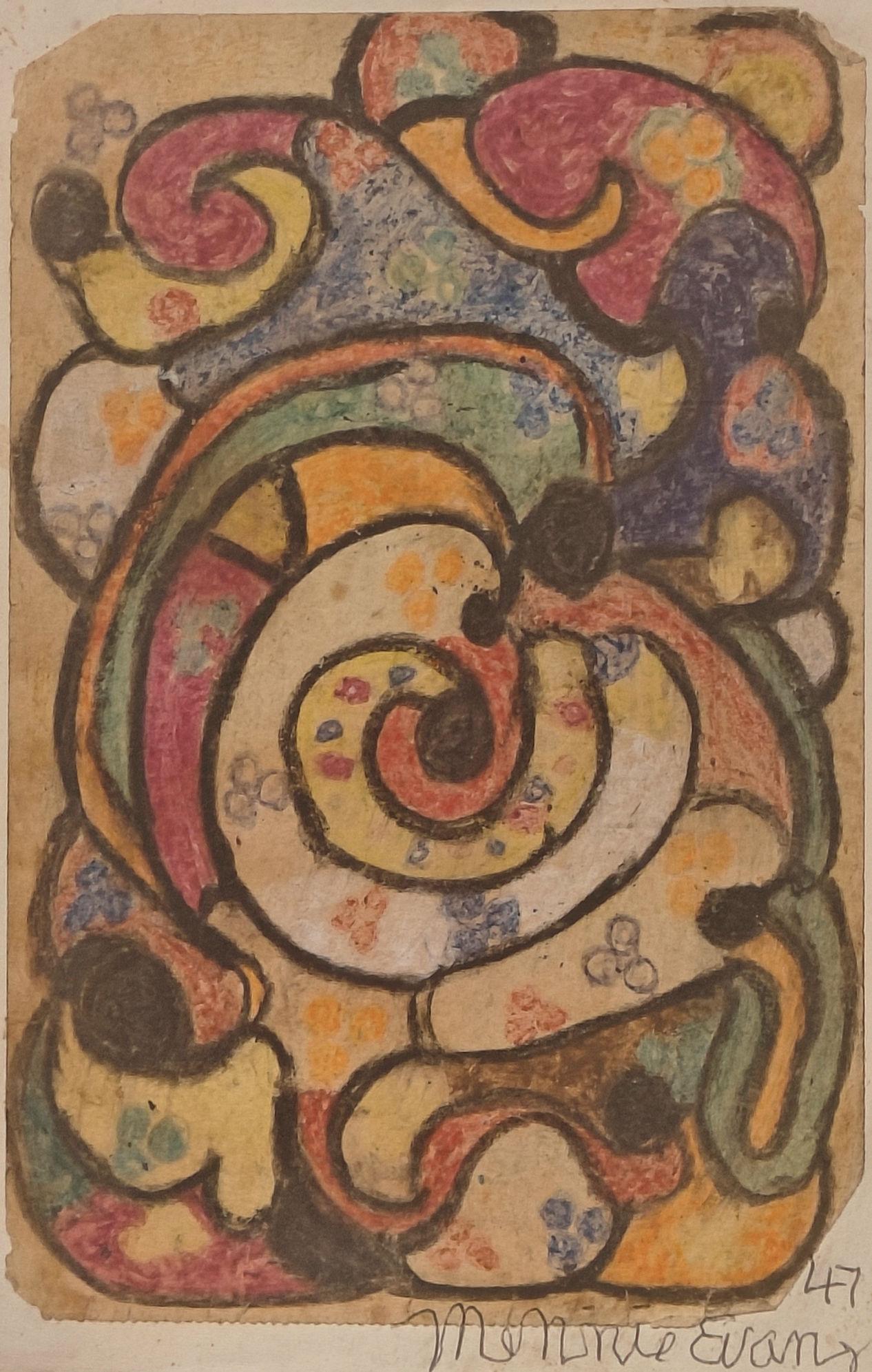 Minnie Evans
Untitled, 1947
Signed and dated lower right
Crayon and graphite on paper
8 1/8 x 5 1/2 inches

Provenance
Luise Ross Gallery, New York
Private Collection, New York
Estate of the above, 2025


Evans was born in 1890, the only child of