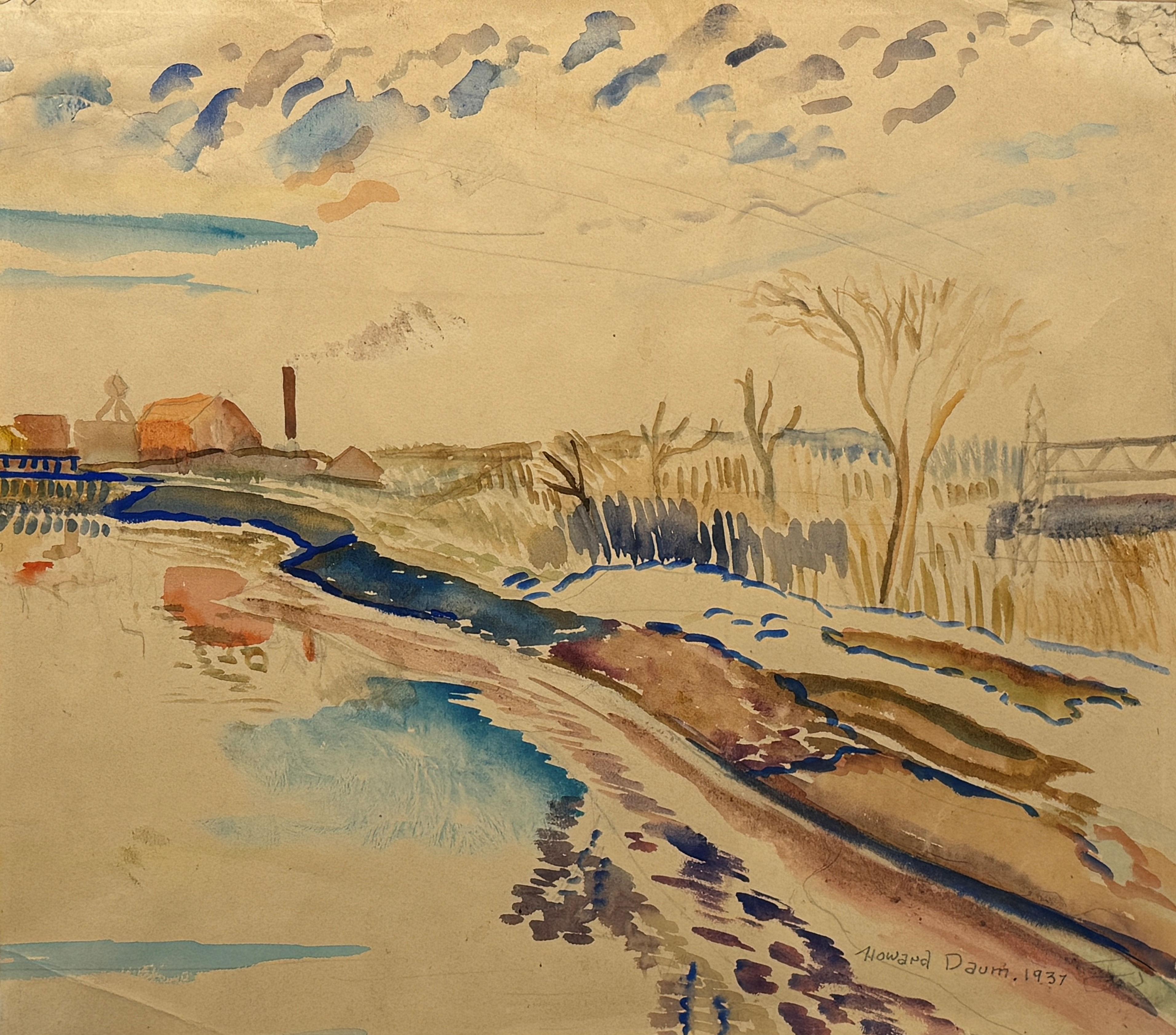 Howard Daum
Fabrik am Fluss, 1937
Signiert und datiert unten rechts
Aquarell und Bleistift auf Papier
12 x 13 3/4 Zoll

Provenienz
Der Künstler
Ashby Gallery, New York
Carl Ashby, New York
Nachlass der oben genannten


Howard Daum wurde in Polen
