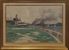 "River Landscape" Andrew Melrose, Boats on River, Early American Landscape