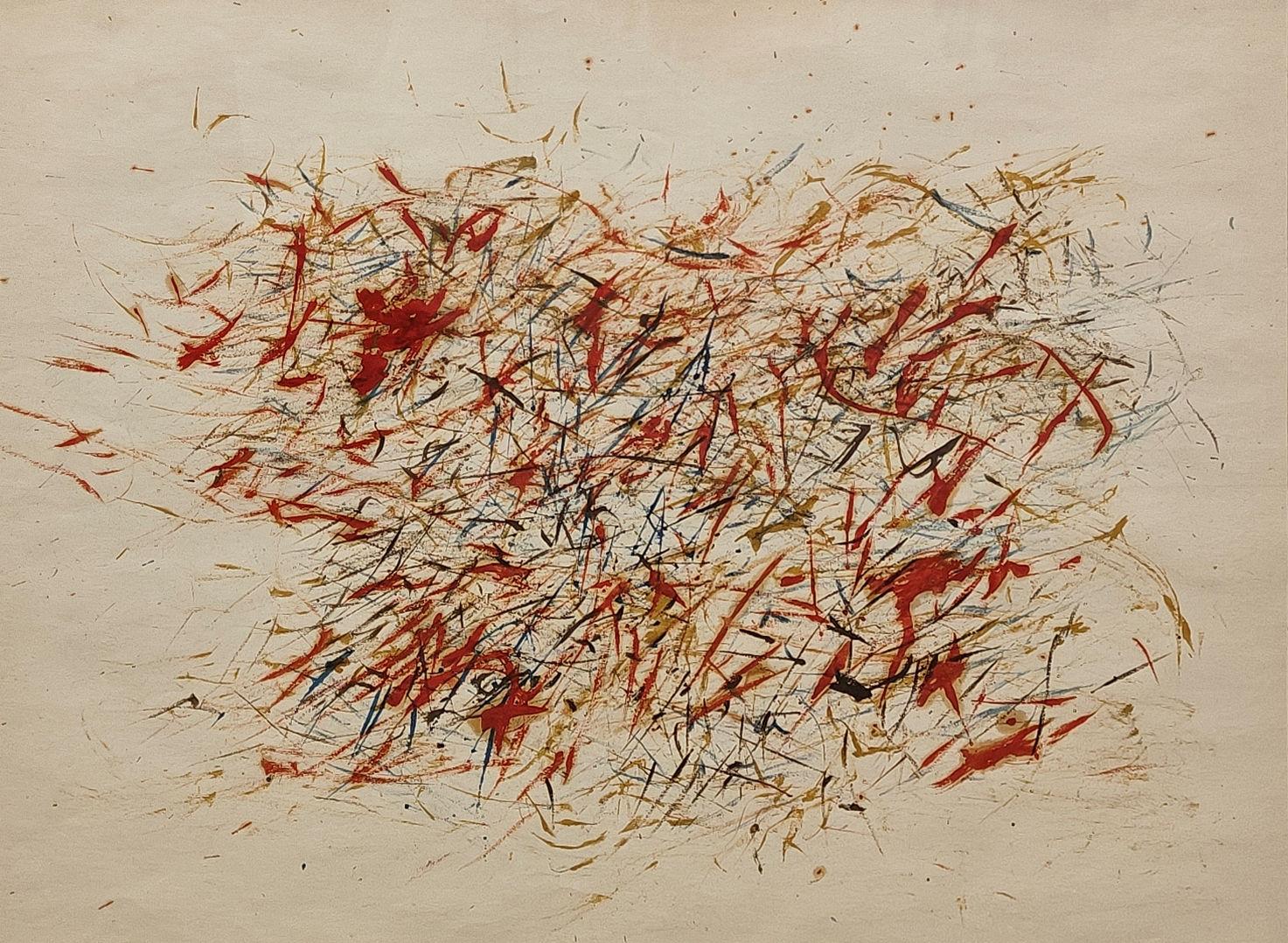 "Untitled" Gene Hedge, Mid-Century, Red and Blue, White Background, Abstract