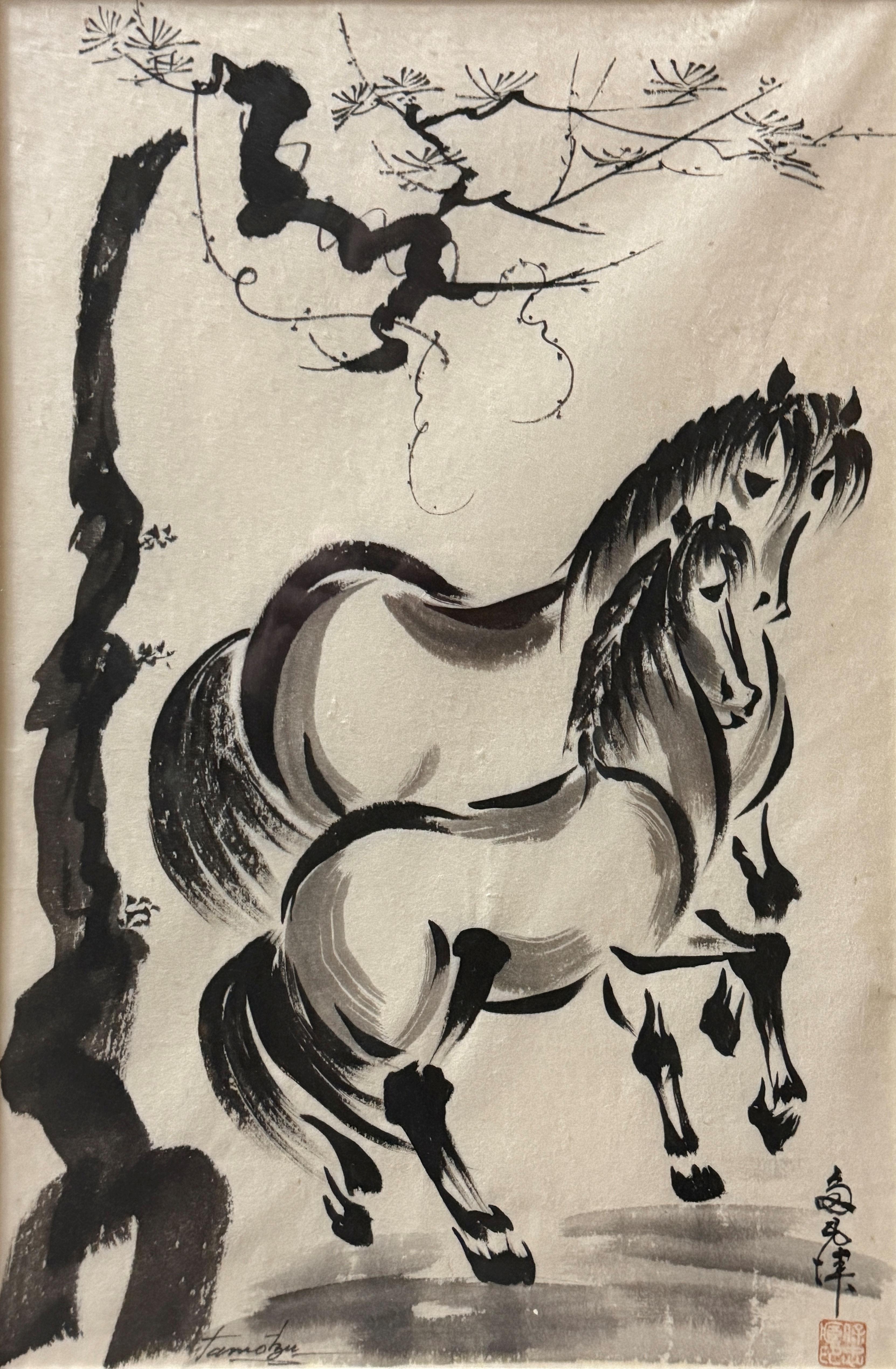 "Horses" Chuzo Tamotzu, Japanese American Artist, Black and White, Japanese Ink