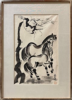 "Horses" Chuzo Tamotzu, Japanese American Artist, Black and White, Japanese Ink