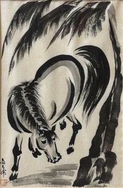 "Horse" Chuzo Tamotzu, Japanese-American, Black and White, Japanese Ink Painting