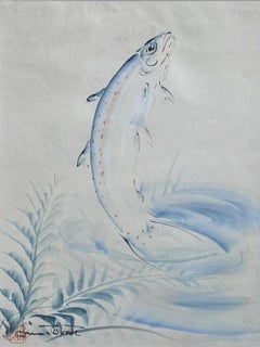 Vintage "Jumping Trout, " Chiura Obata, Fish, Japanese-American Artist, Watercolor
