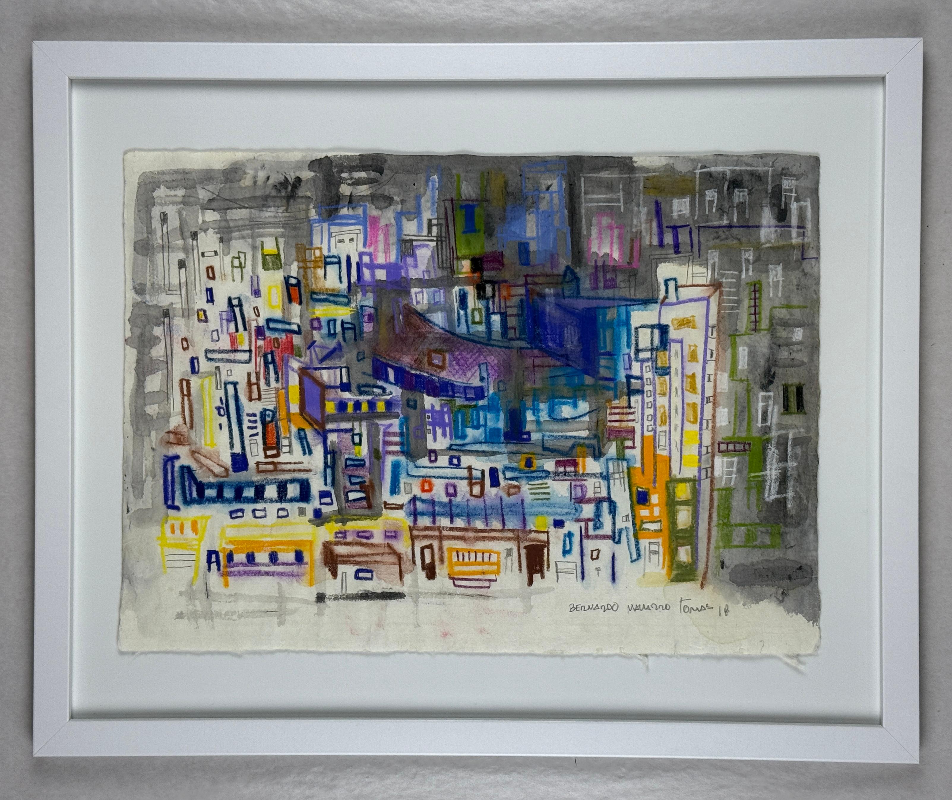 New York City #10 Original Signed Work Japanese Paper Color Pastel Charcoal Ink
