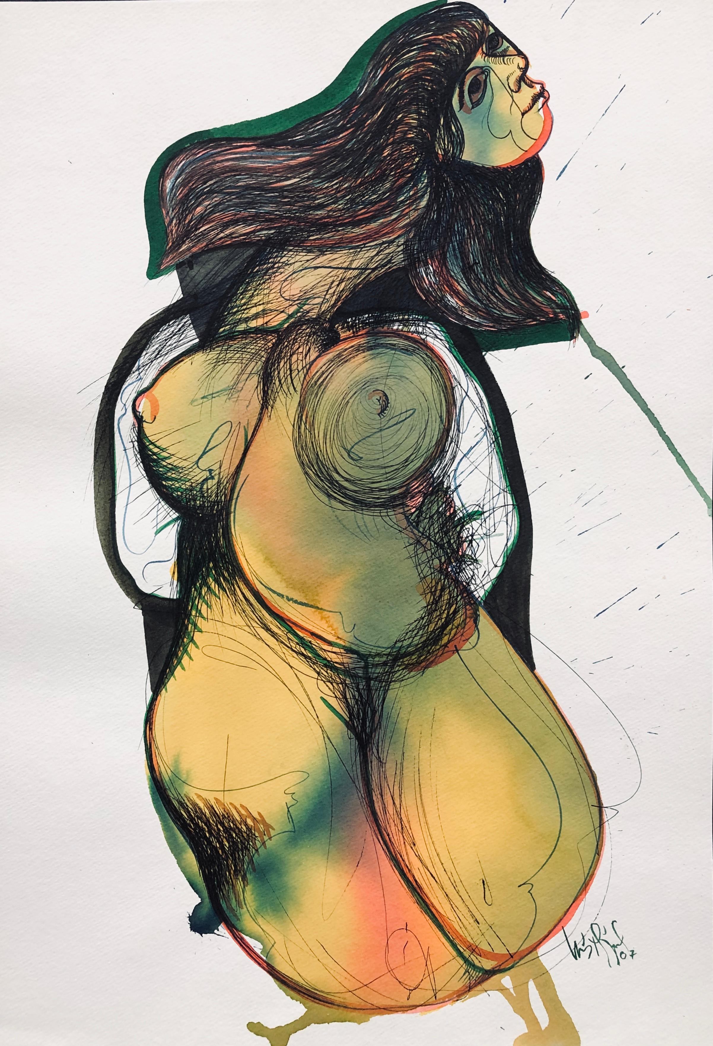 „Gorda 4“ (Honey 4) 2007 Original signierte Zeichnung Aquarell Tinte Acryl 21x15in
