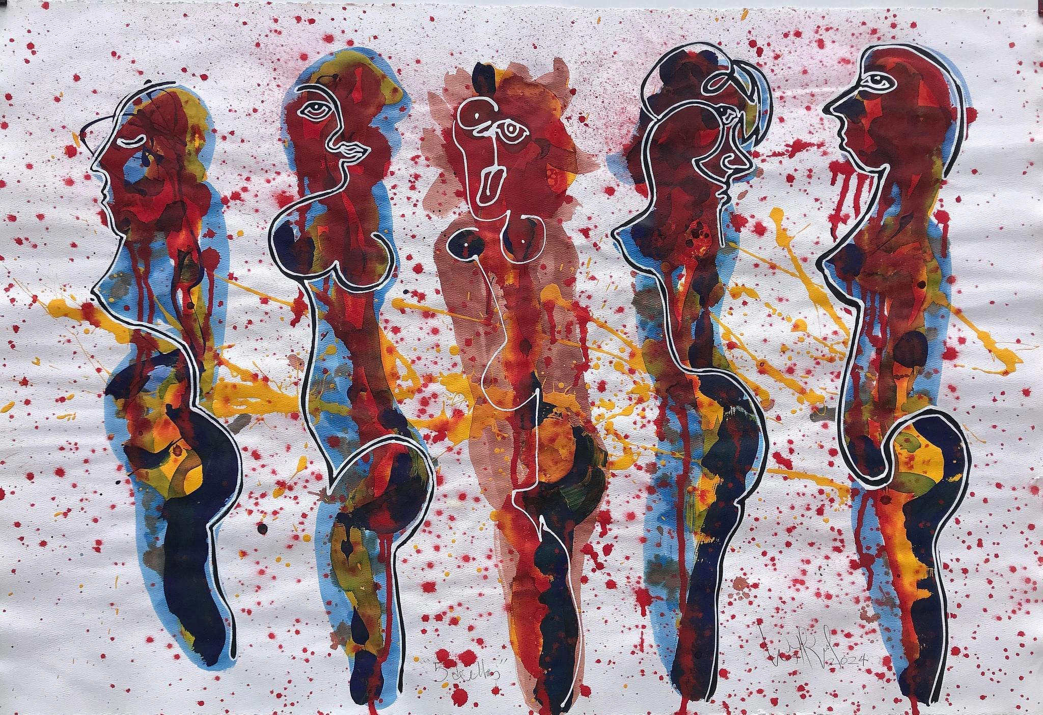 "5 de ellos", 2024, obra original firmada en acuarela tinta acrílica sobre papel 26x38 pulg.
