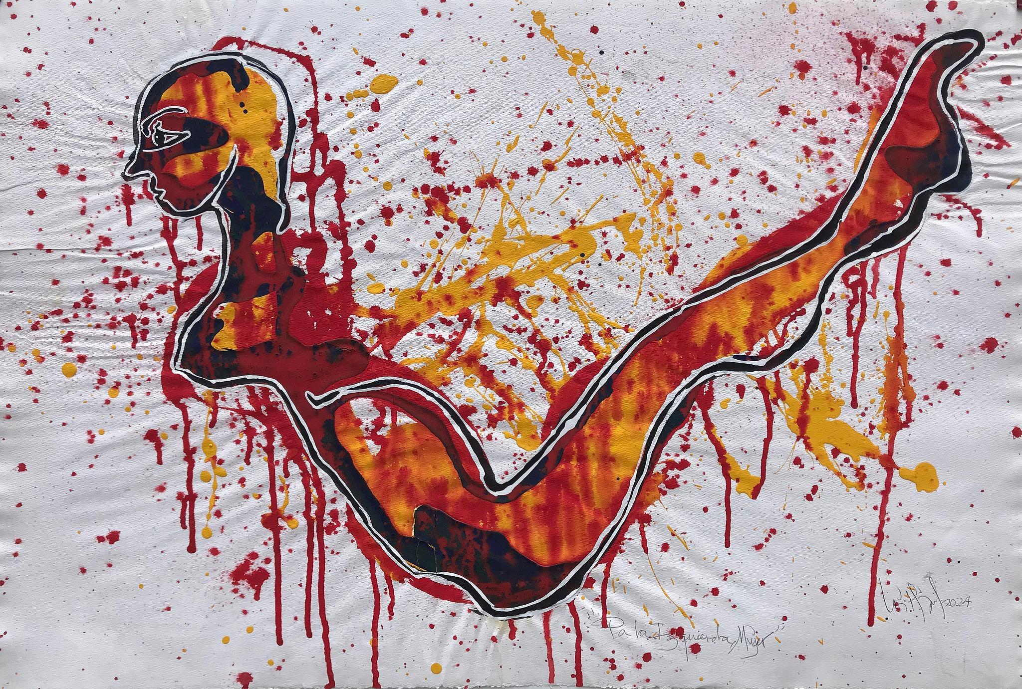 "A la izquierda" 2024 obra original firmada en tinta acrílica acuarela sobre papel 26x38 pulg.