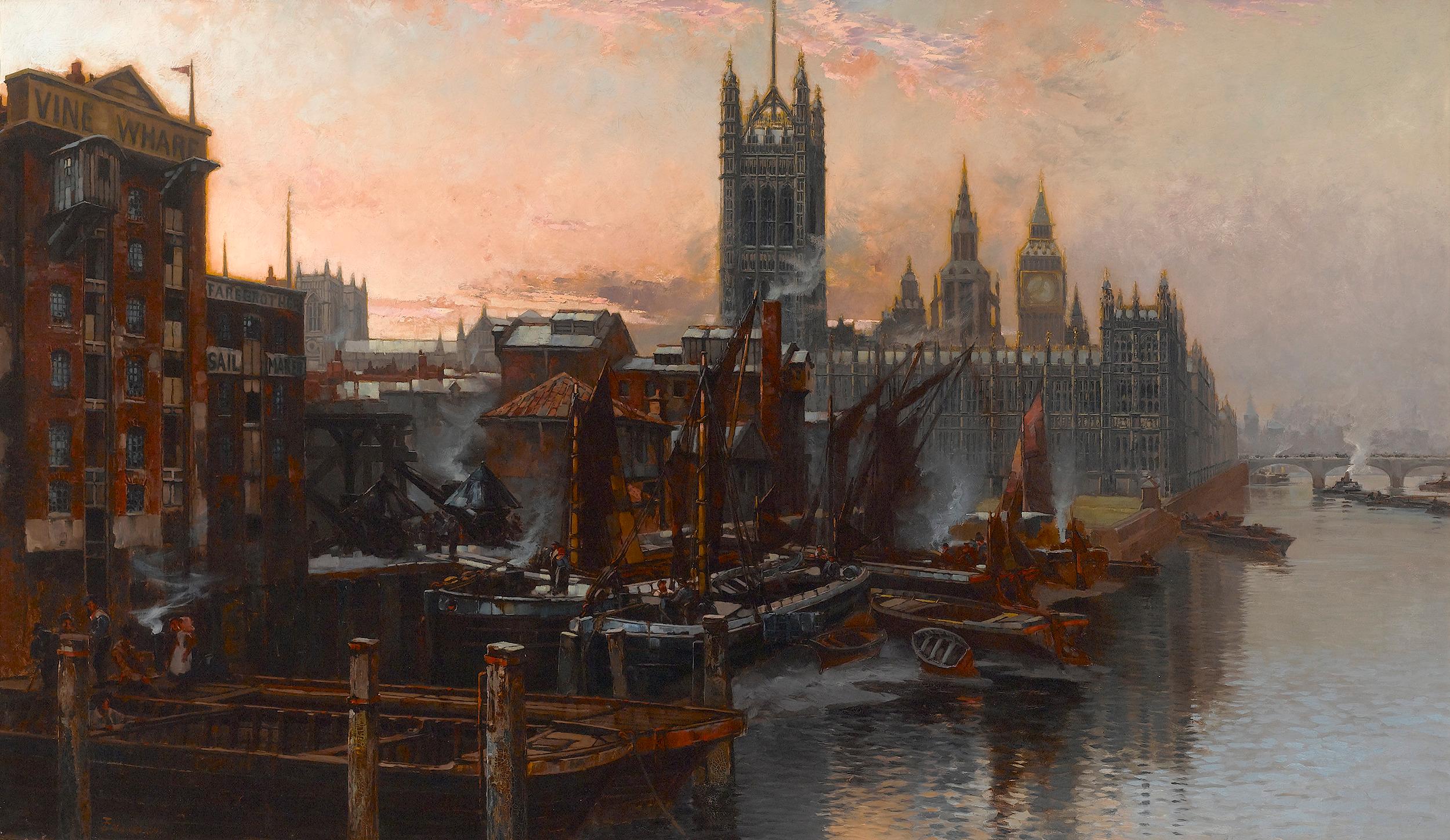 Thomas Greenhalgh Landscape Painting - A View of the Houses of Parliament from the Thames, London