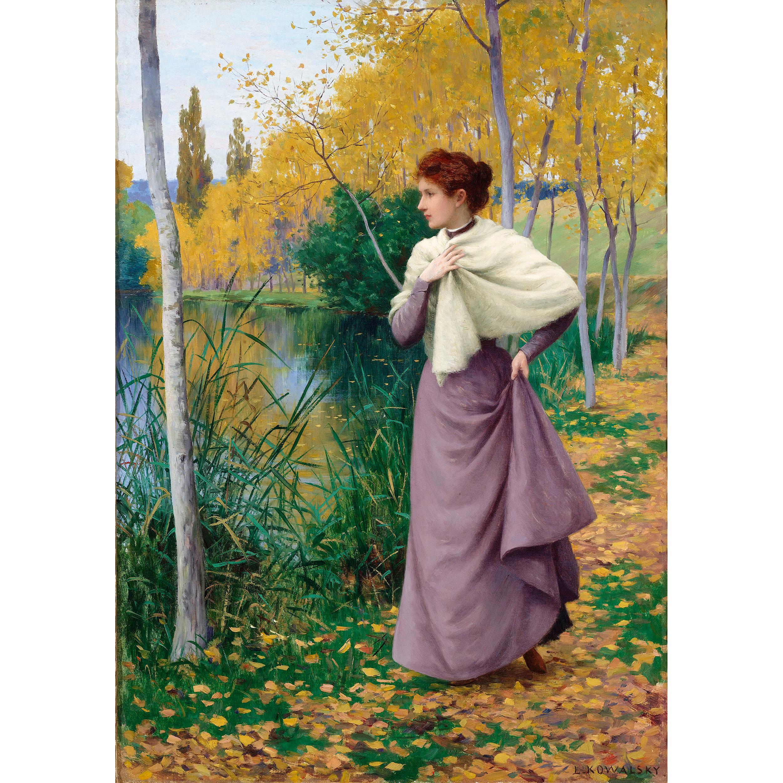 Leopold Francois Kowalsky Portrait Painting - Autumn on the Shore of the Lake