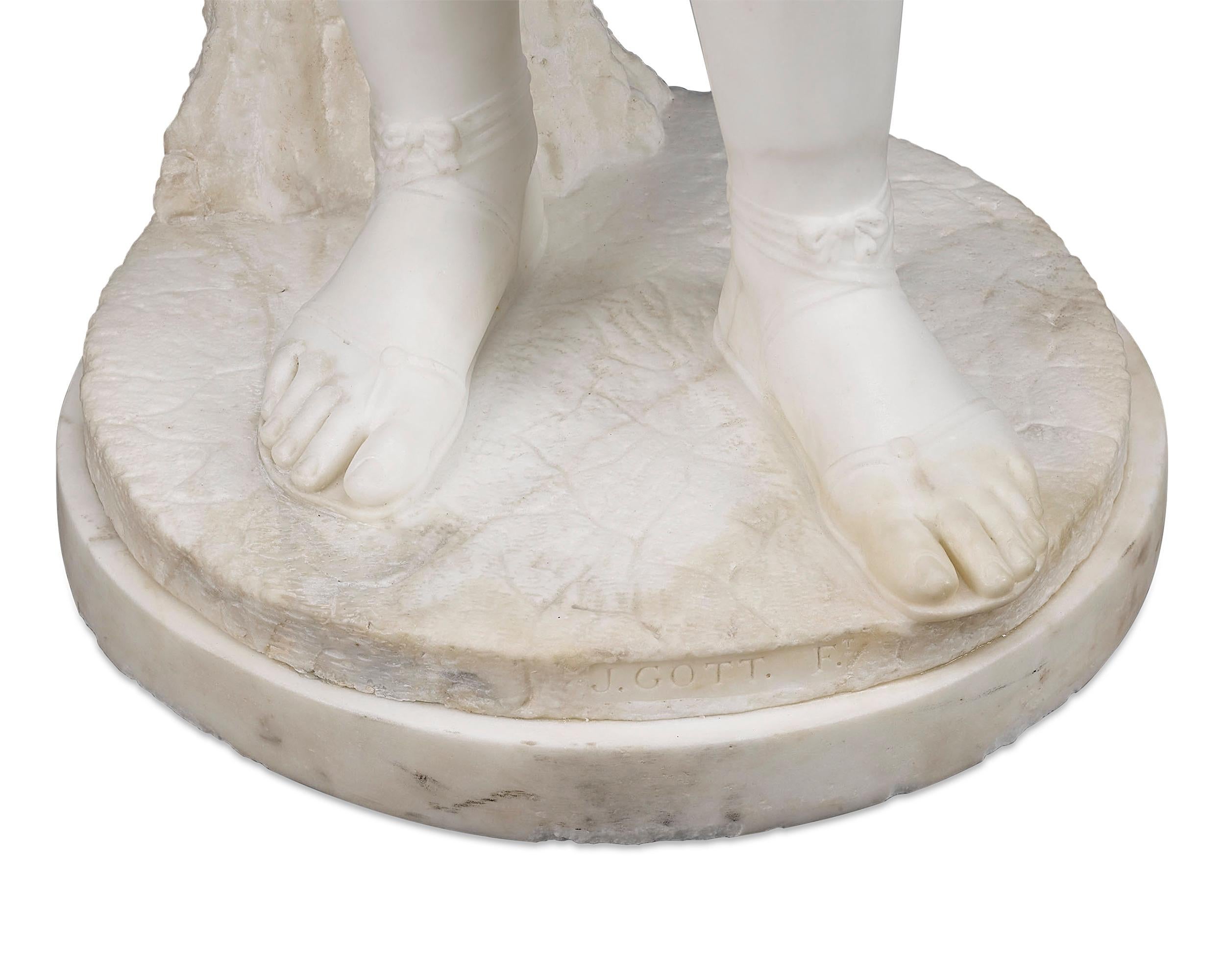 White marble, set on a shallow white marble plinth
Signed “J. Gott, Ft.”

Known for his unconventional, almost light-hearted, approach to his subjects, Joseph Gott offers his own interpretation of the character of Little Red Riding Hood in this