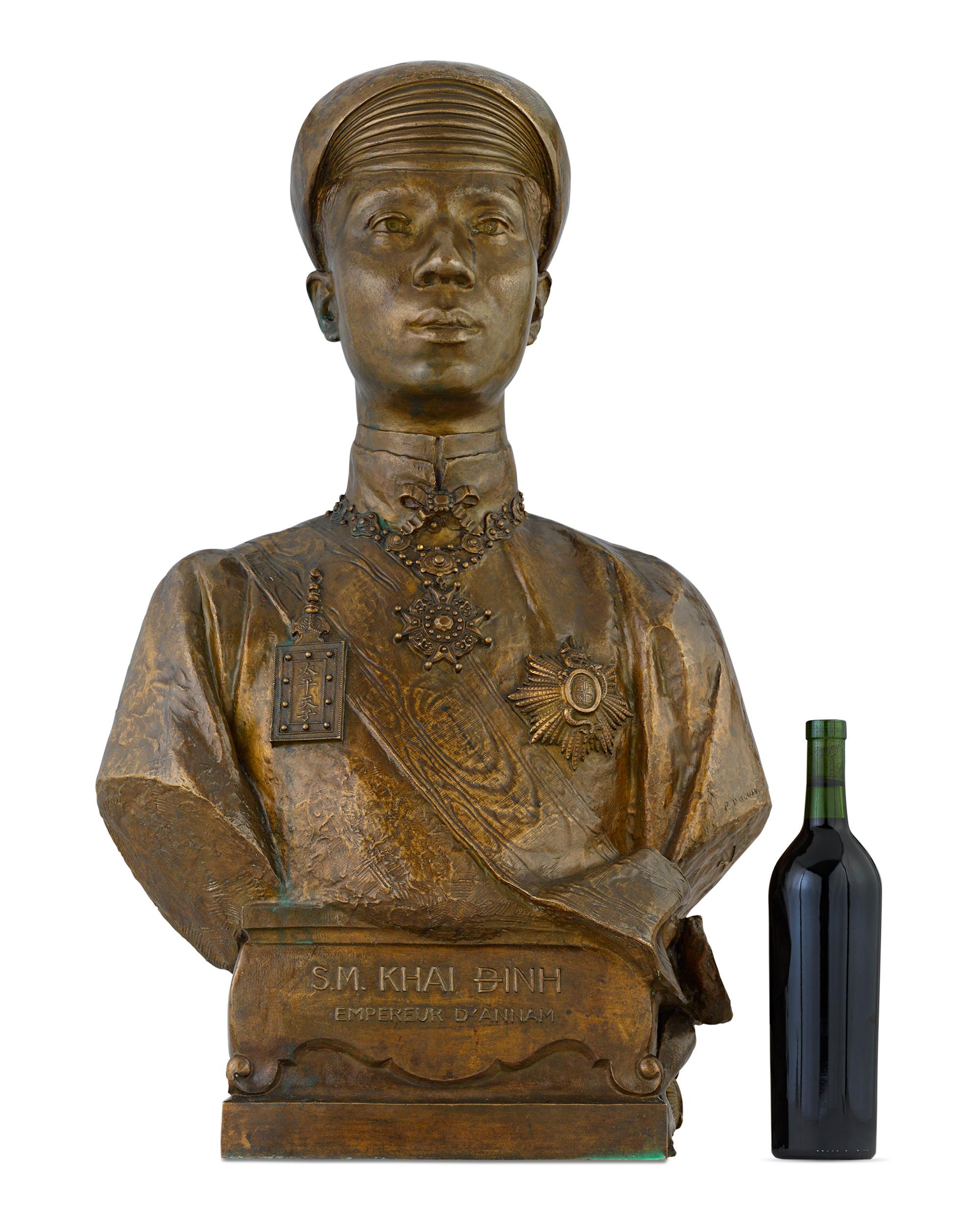 Magnificently detailed, this imperial bronze bust by the French sculptor Paul Ducuing captures the likeness of Khai Dinh, the 12th Emperor of the Nguyen Dynasty in Vietnam who reigned from 1916 to 1925. Produced by Barbedienne, this bronze is a