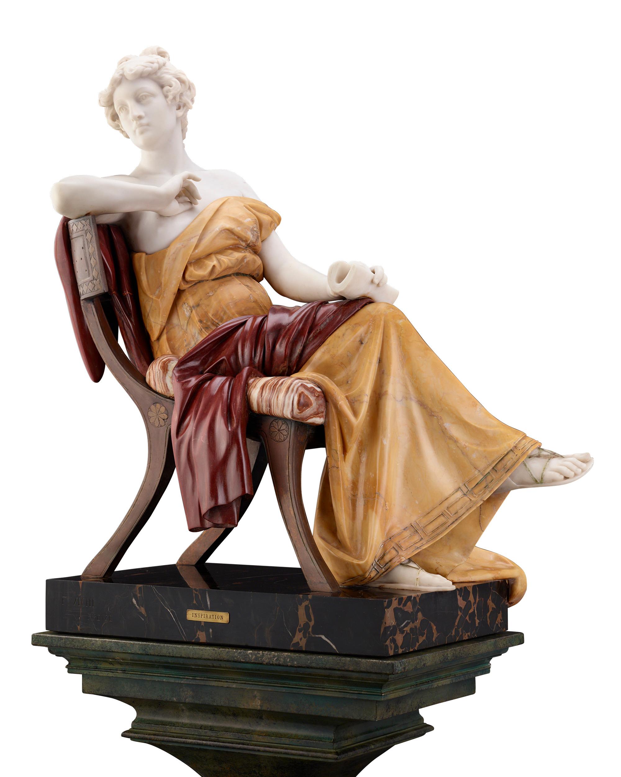 Classic beauty and elegance define this exceptional marble sculpture by Florentine artist Ferdinando Vichi. Five separate varieties of marble including Carrara, giallo antico, rosso antico, alabastro di Napoli and portoro combine to create this