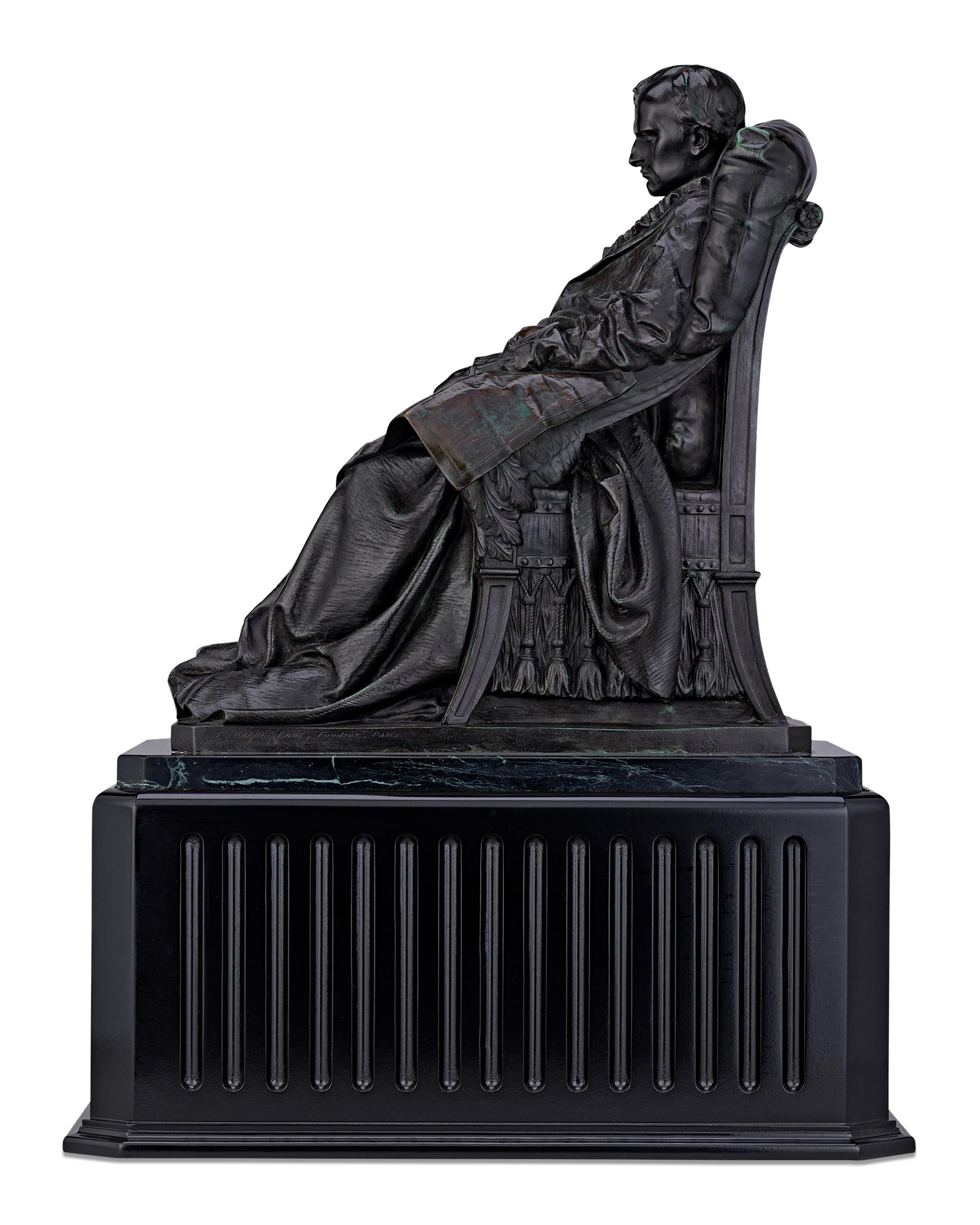This highly evocative bronze by Vincenzo Vela captures the deposed Emperor Napoléon on his deathbed, holding a map of Europe and lost in thought about what might have been. Remarkable among most portrayals of the exiled leader, this highly detailed
