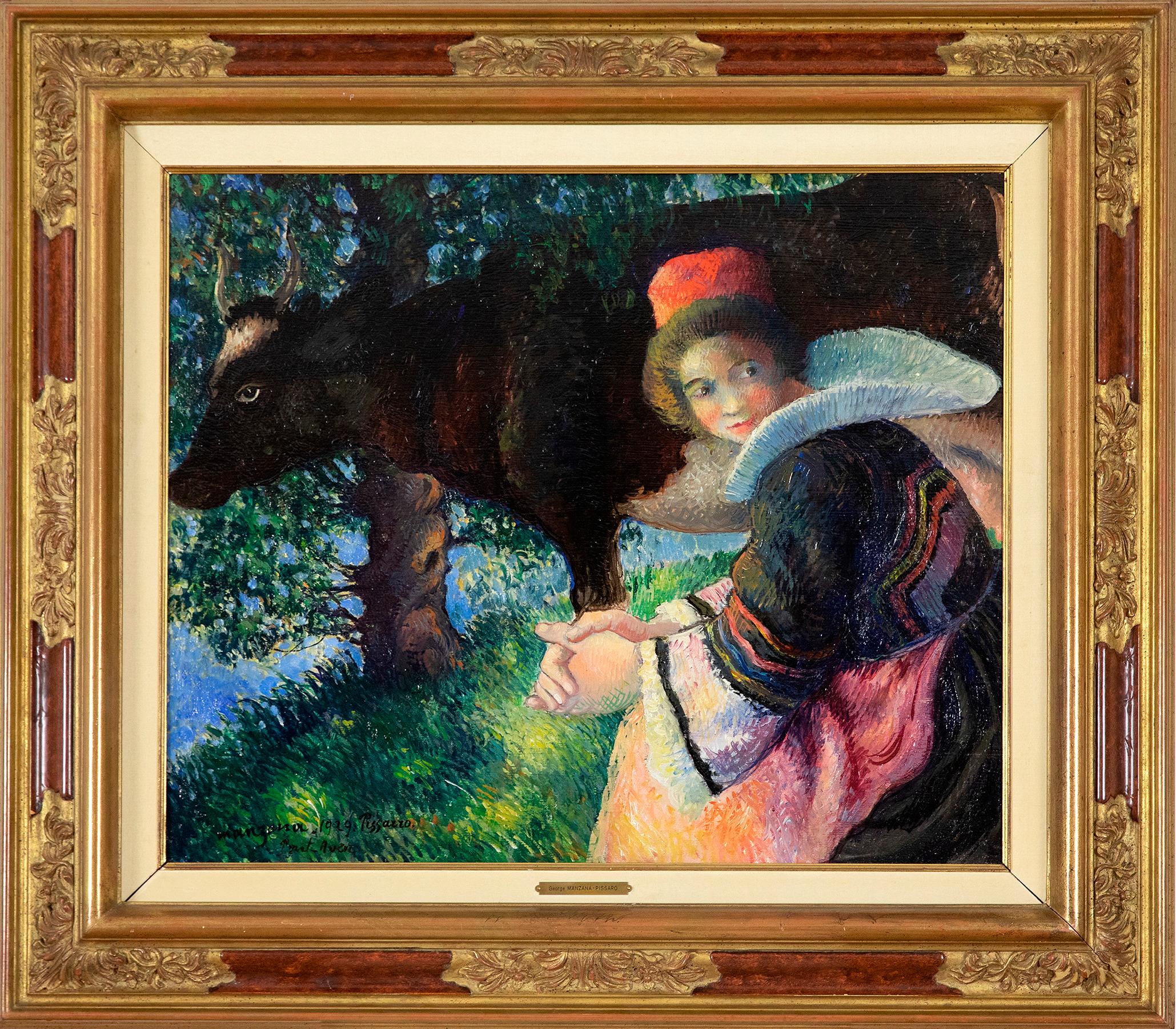 Bretonne à la Vache (Breton Woman with Cow) - Painting by Georges Manzana Pissarro