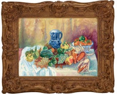 Melon, raisins, poires, maïs et pot bleu (Melon, grapes, pears, corn and blue po