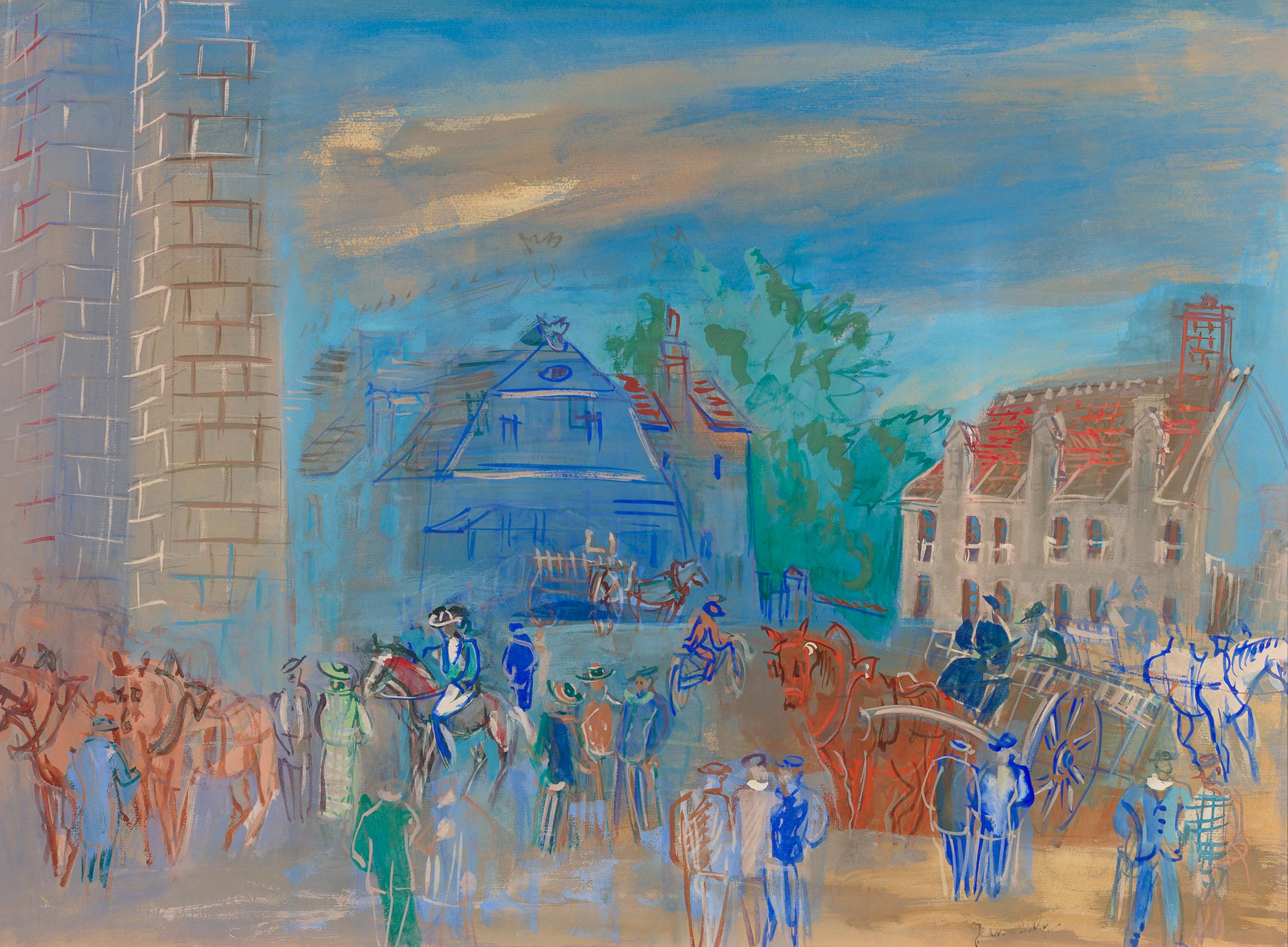 Le jour au marche, Place de l'Abbaye a Preuilly-sur-Claise - Art by Jean Dufy