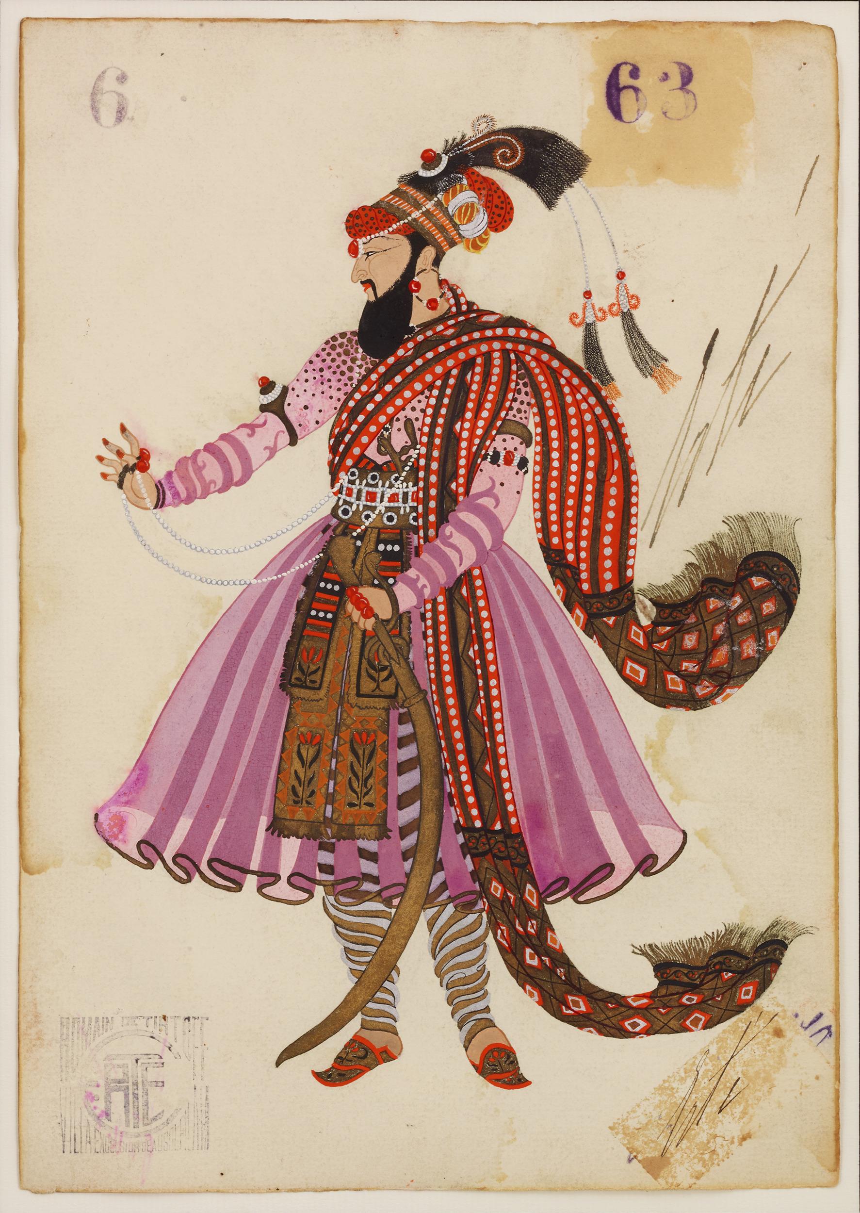 Erté (Romain de Tirtoff)
1892-1990  Russe-Français

Le roi de Lahore
(Le roi de Lahore)

Signé "Erté" (en bas à droite)
Inscrit "Les Rois des Légendes / No. 11 / Le Roi de Lahore / 28 février 1919 / No. 230" (au verso)
Encre et gouache sur