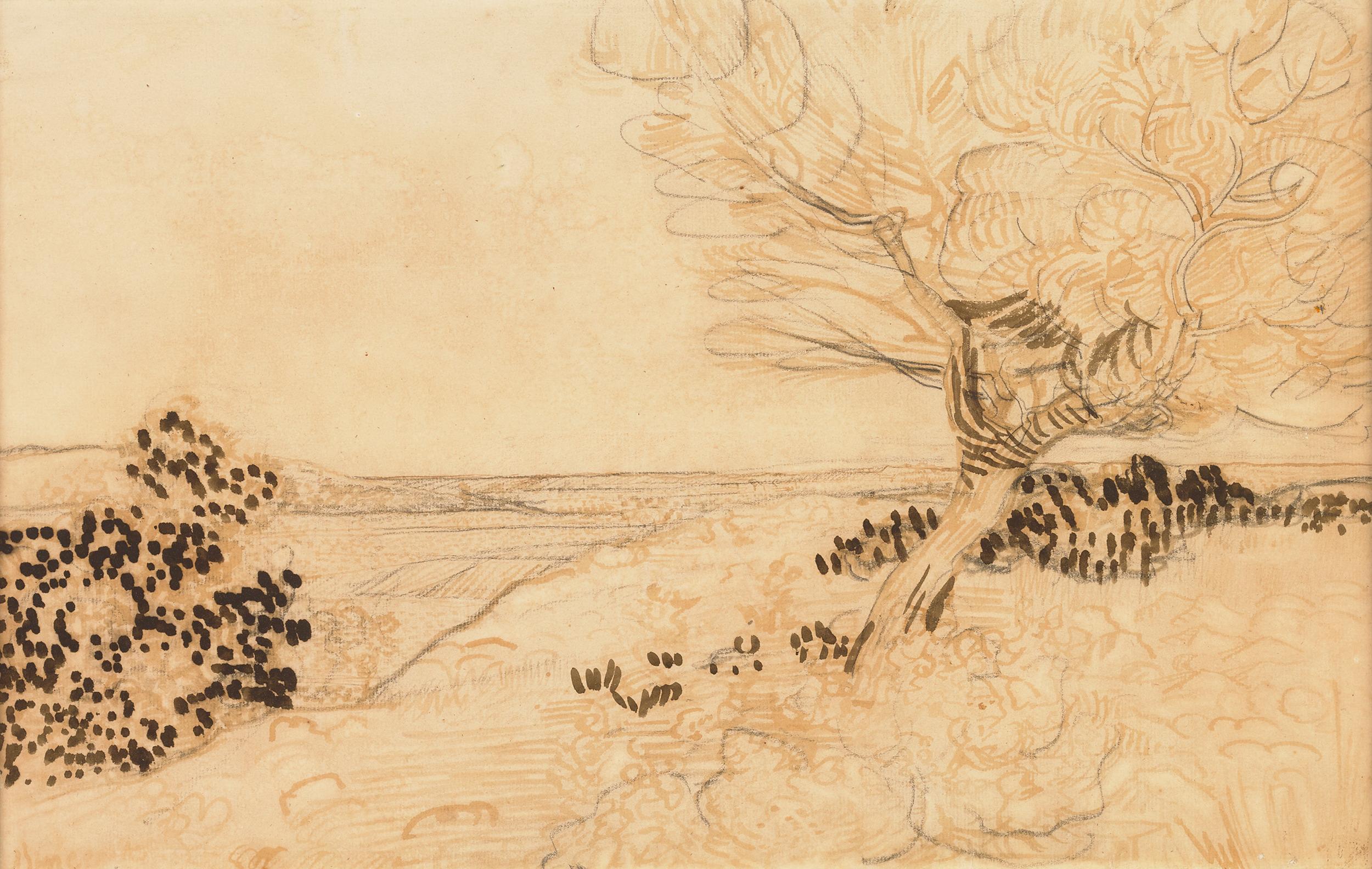 Vincent van Gogh
1853-1890  Dutch

View of La Crau with Tree in the Foreground

Signed "Vincent" (lower left)
Pencil, Reed Pen and Ink on Paper

“In my opinion the two views of the Crau and of the country on the banks of the Rhone are the best