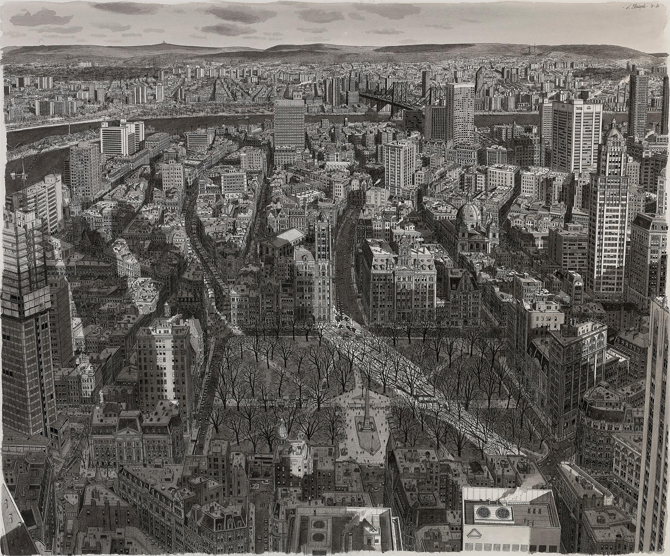 Stefan Bleekrode
b.1986  Néerlandais

Winter Shadows, New York

Encre noire et aquarelle sur papier
Signé et daté "S. Bleekrode '18-'20" (en haut à droite)

Cette vue d'oiseau de la ville de New York a été composée par le célèbre artiste néerlandais
