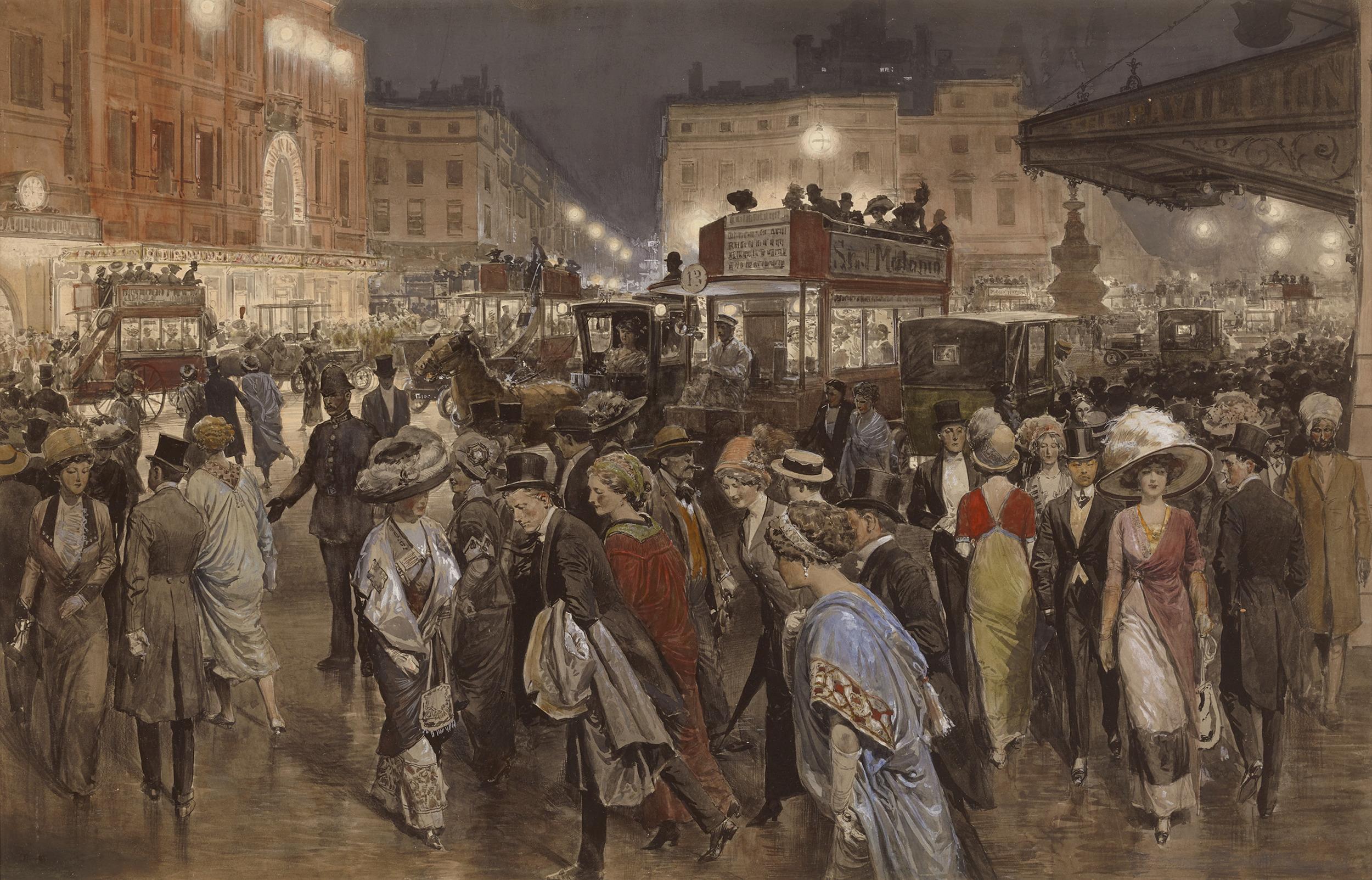 Fortunino Matania
1881-1963  Italian

Piccadilly Circus

Signed “Matania” (center, on bus)
Watercolor and gouache on paper

This exceptional watercolor and gouache composition by famed Italian artist Fortunino Matania exudes the energy and dynamism