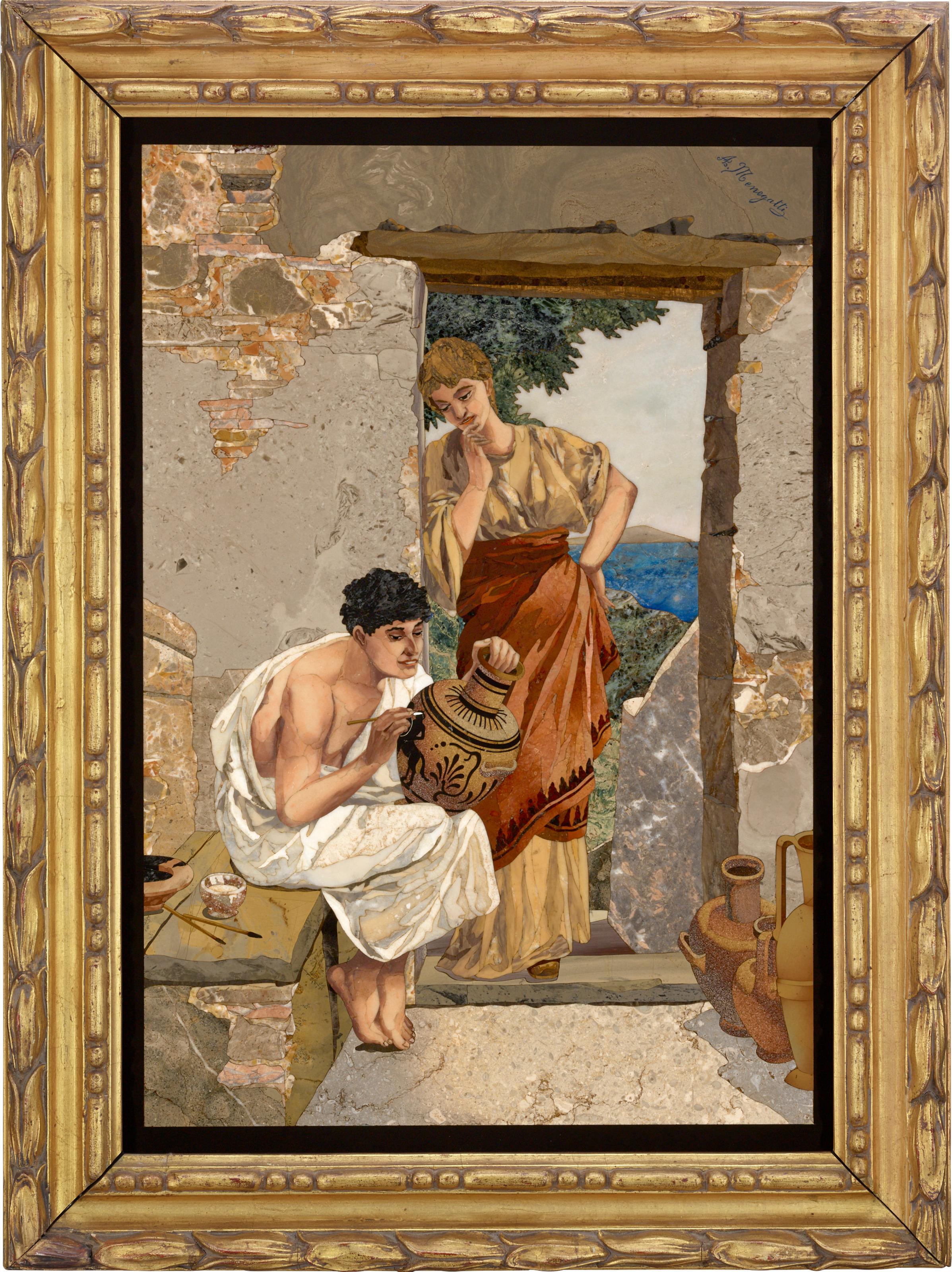 A young man clad in classical robes paints an amphora vase as an attractive admirer observes him in this magnificent pietre dure plaque by Florentine artisan Alberto Menegatti. The work is emblematic of the charming scenes of rural life that were